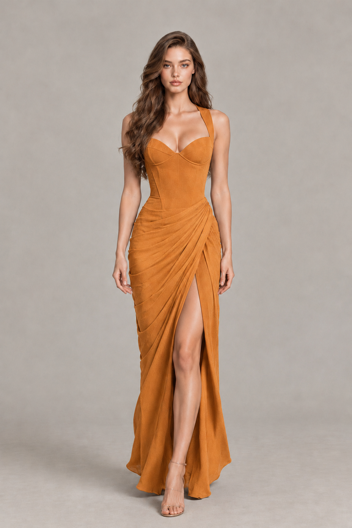 BOLODOO Orange Sweetheart Maxi Dress with High Slit - Orange - Orange_4