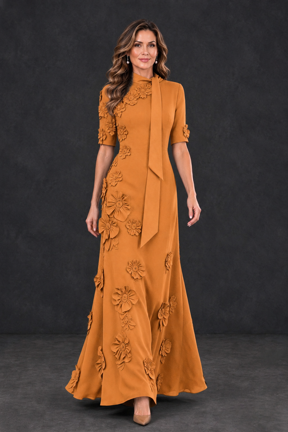 BOLODOO Orange Floral Applique High-Neck Half-Sleeve Gown - Orange - Orange_4