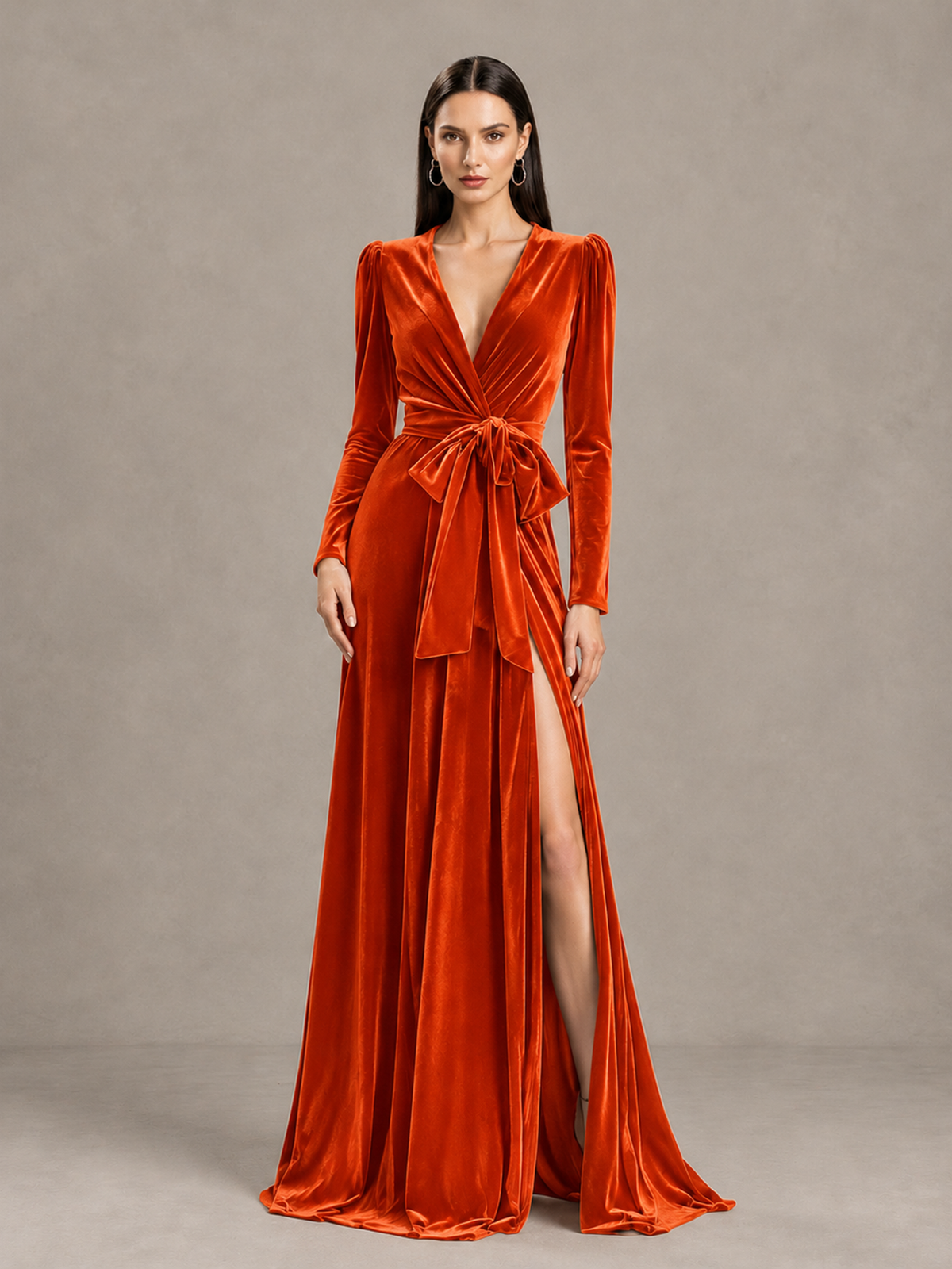 BOLODOO Orange Long Sleeve Velvet-Look Evening Dress with High Slit - Orange - Orange_4