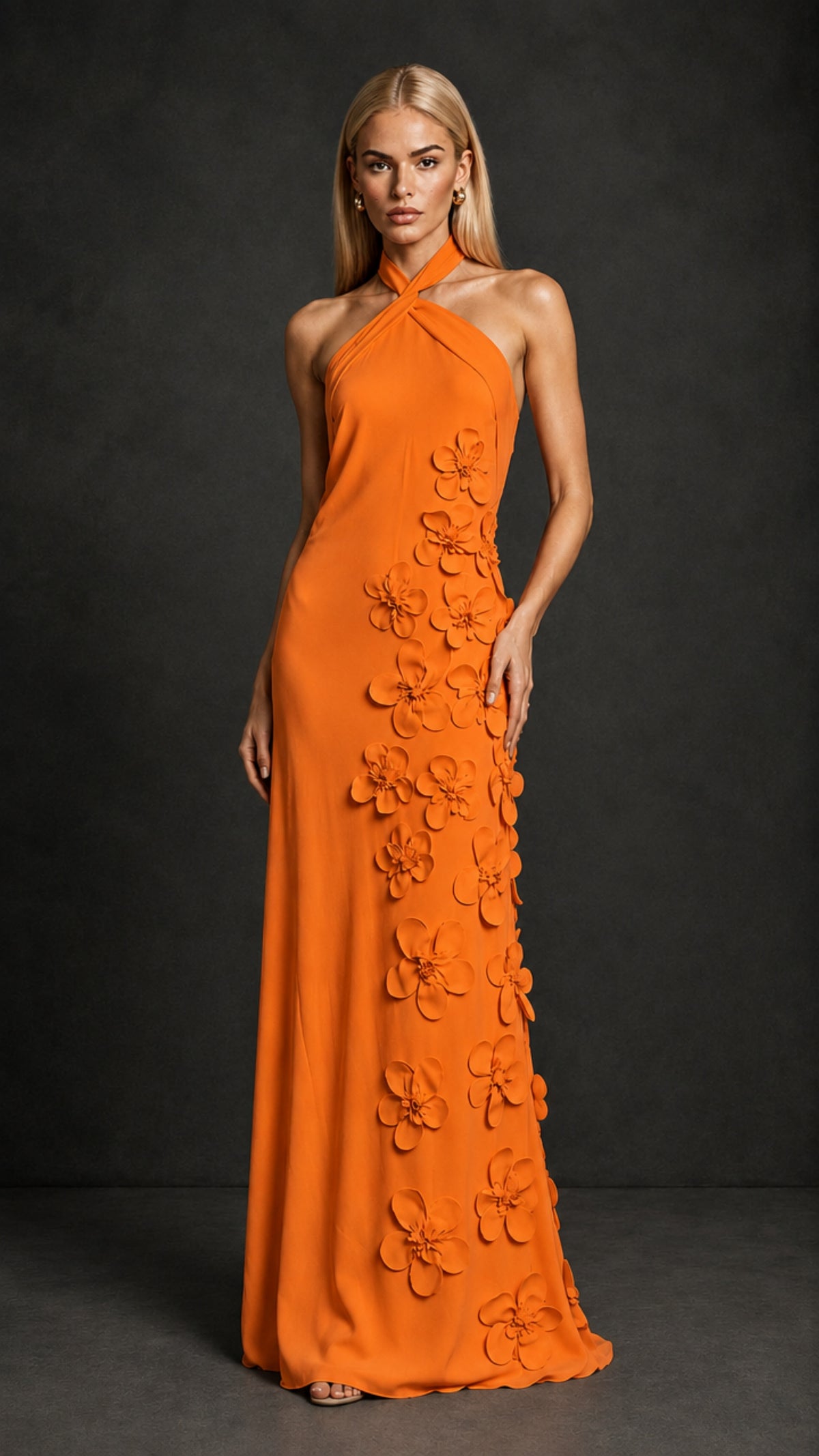 BOLODOO Orange Cross Halter Neck 3D Floral Appliqué Backless Mermaid Maxi Gown - Orange