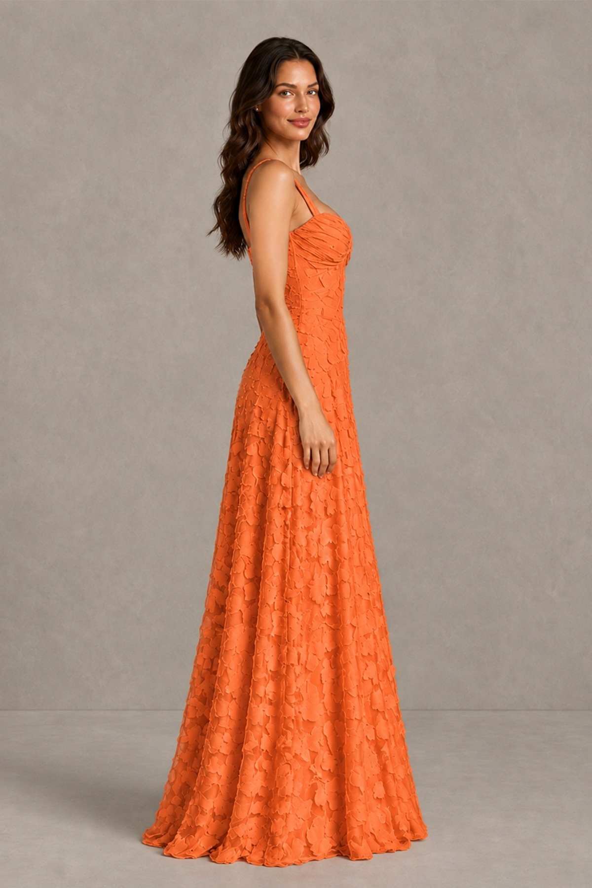 BOLODOO Orange Floral-Textured A-Line Dress with Lace-Up Back - Orange - Orange_4
