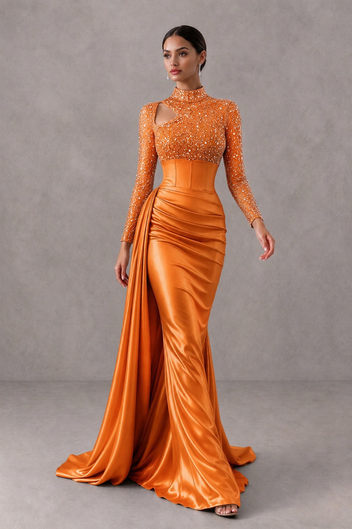 BOLODOO Orange Long Sleeve Embellished Satin Mermaid Evening Gown - Orange - Orange_4