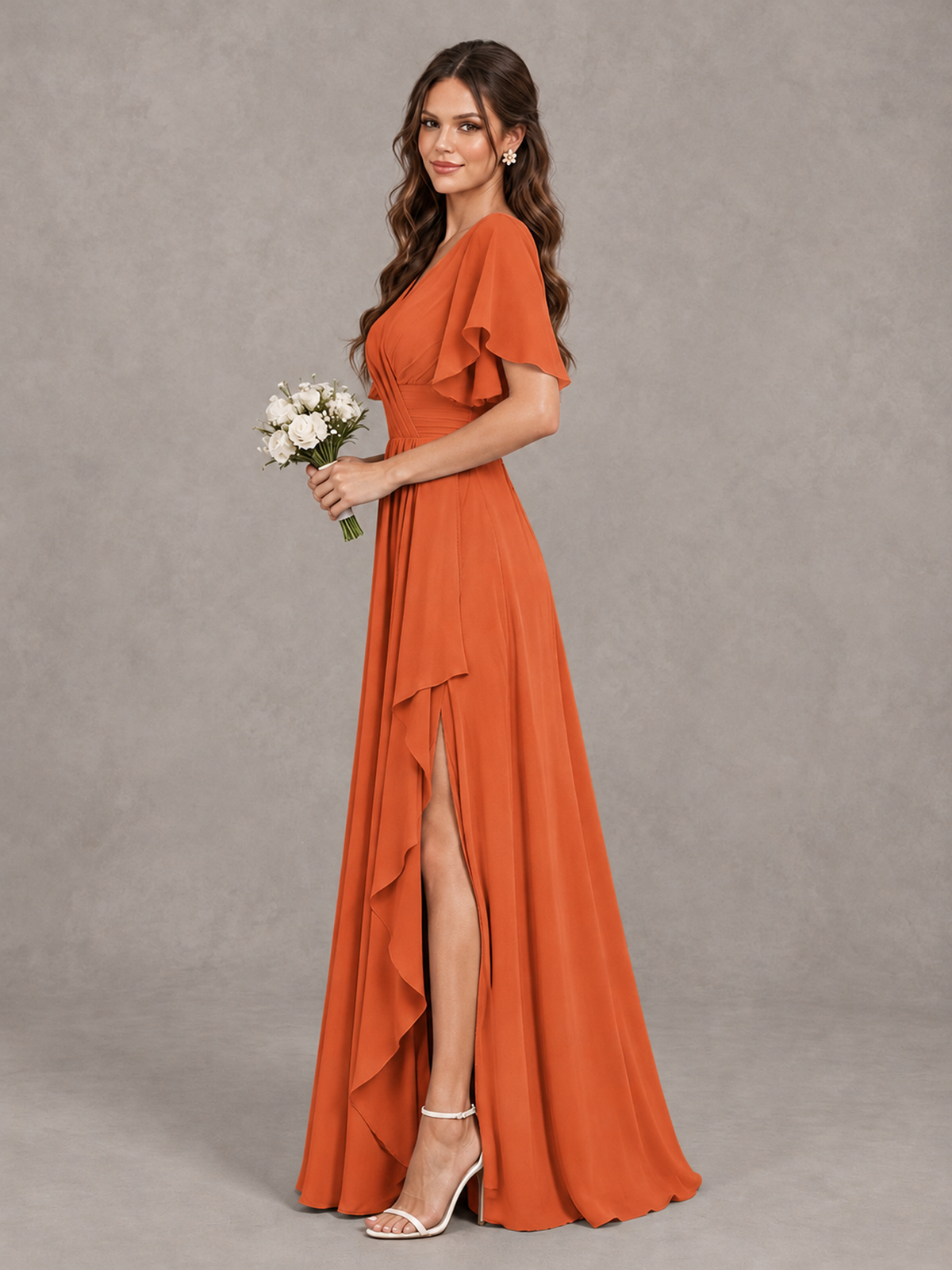 BOLODOO Orange Flutter Sleeve V-Neck Bridesmaid Dress with Ruffle Slit - Orange - Orange_4
