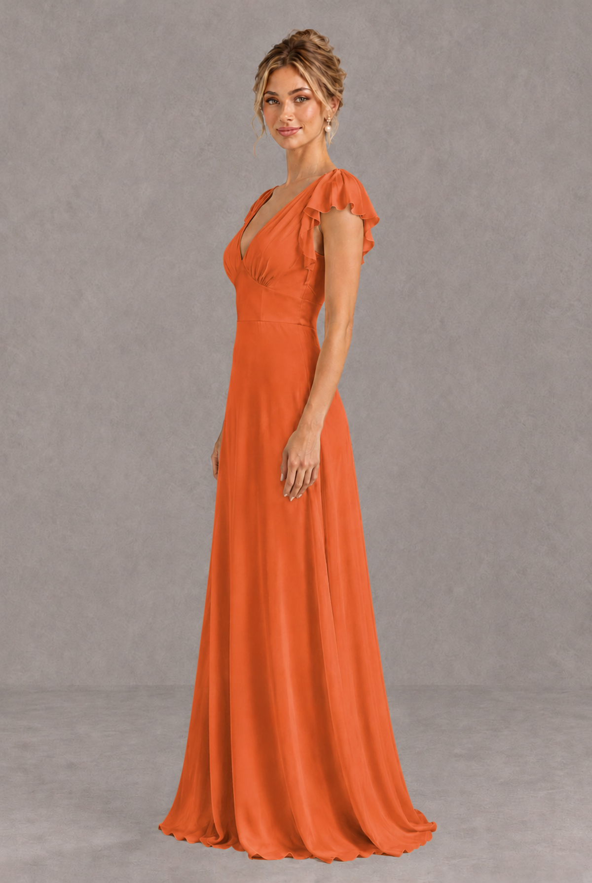 BOLODOO Orange V-Neck Flutter Sleeve A-Line Bridesmaid Dress - Orange - Orange_4