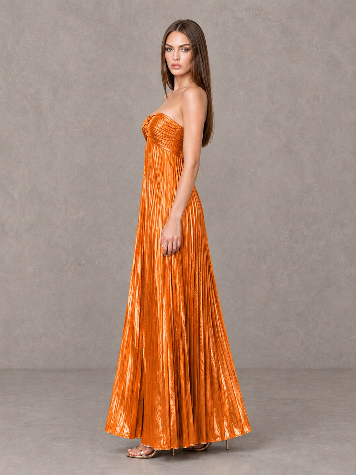BOLODOO Orange Strapless Sweetheart Metallic Pleated Maxi Dress - Orange - Orange_4