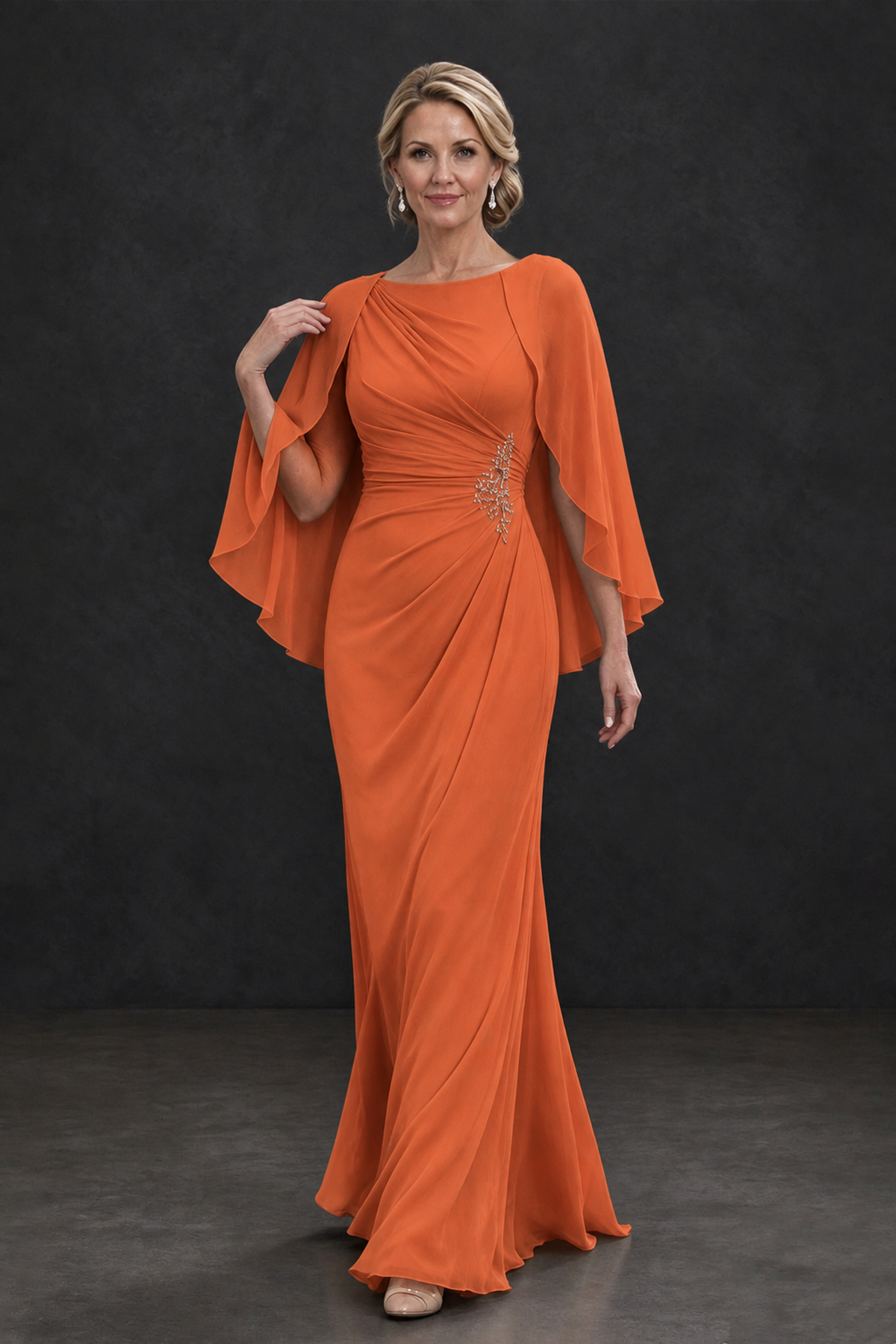 BOLODOO Orange Cape Sleeve Mother of the Bride Dress with Ruched Waist - Orange - Orange_4