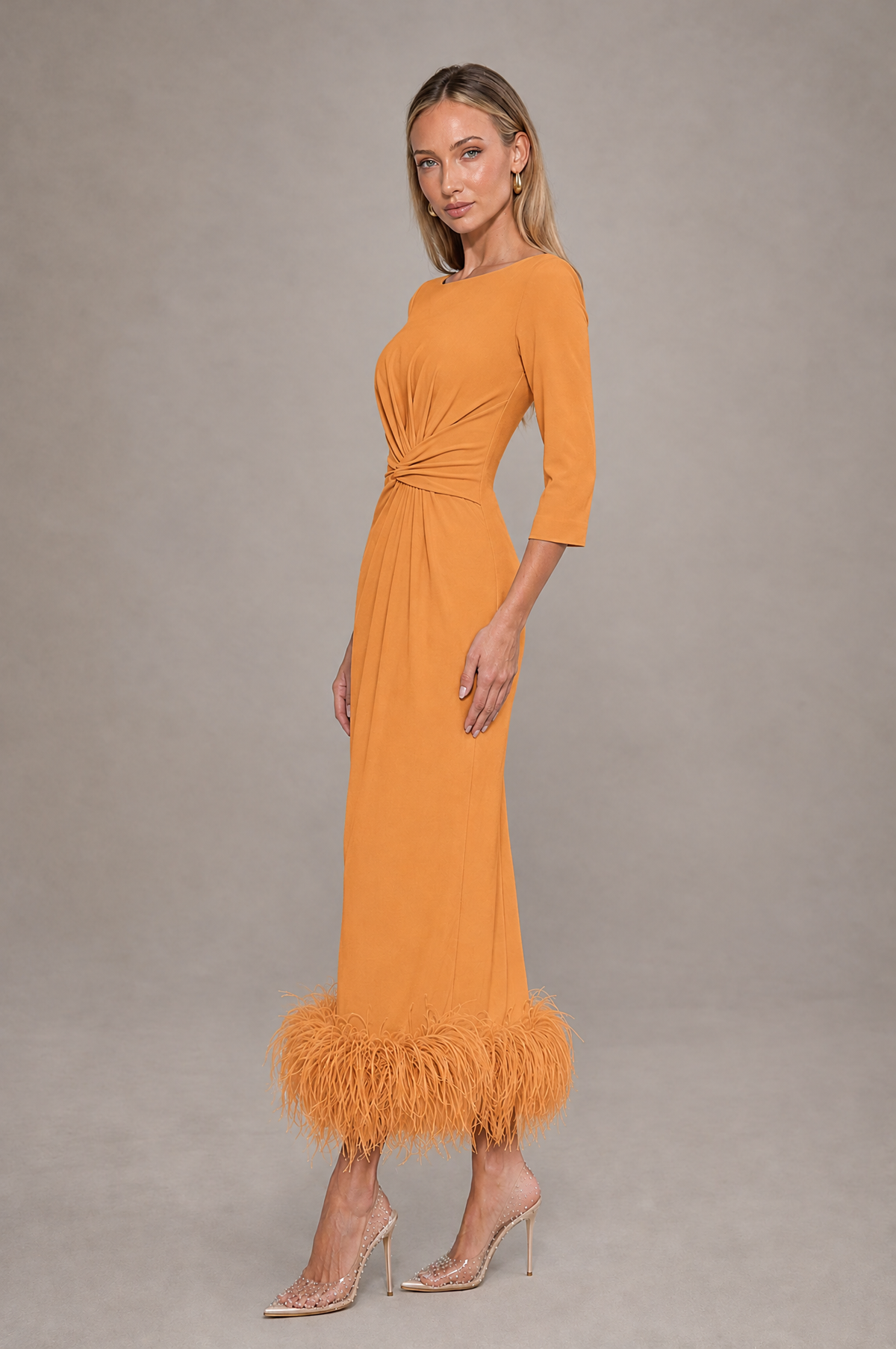 BOLODOO Orange Feather-Trim Twist-Waist Midi Dress - Orange - Orange_4