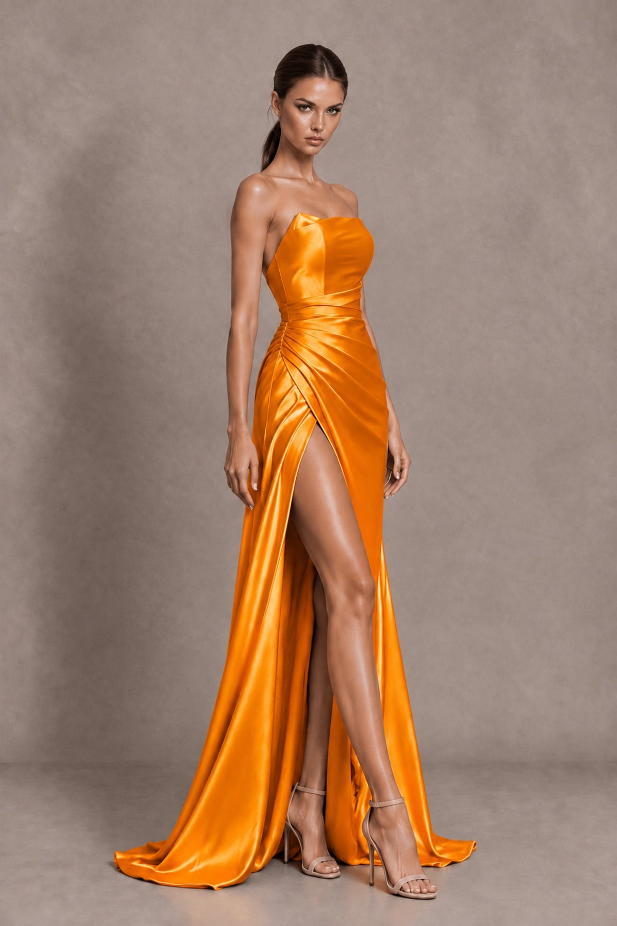 BOLODOO Orange Strapless Ruched Satin-Look Evening Dress with High Slit - Orange - Orange_4