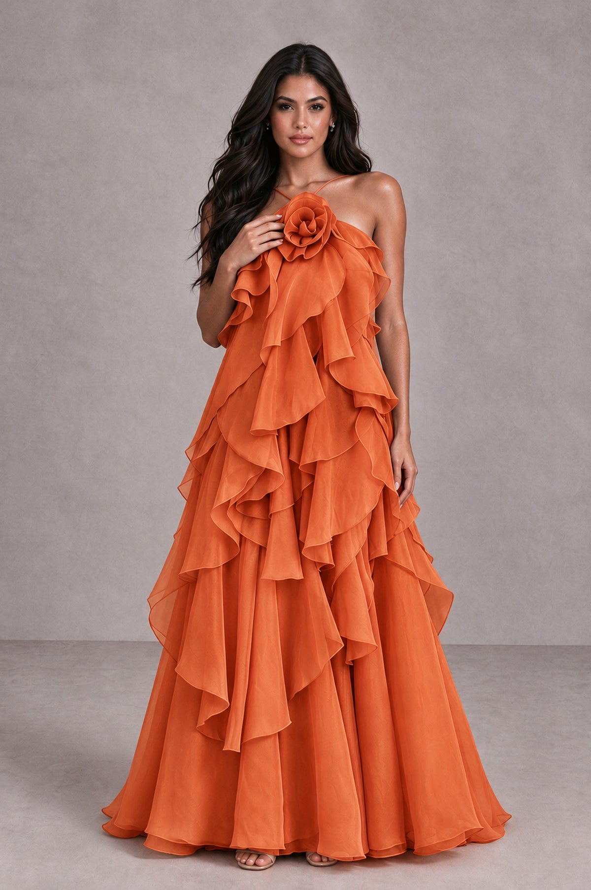 BOLODOO Orange Cascading Ruffle Rosette Open-Back Maxi Dress - Orange - Orange_4