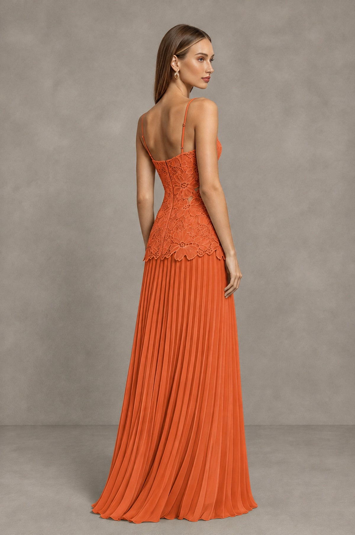 BOLODOO Orange Lace Bodice Pleated Wedding Guest Dress - Orange - Orange_4