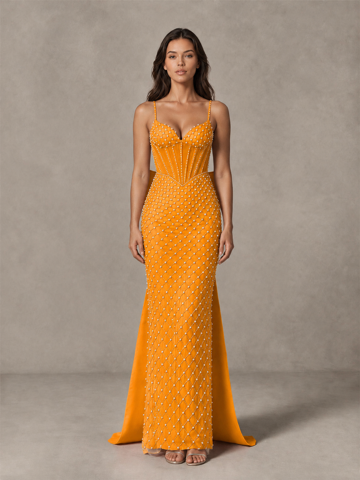 BOLODOO Orange Beaded Corset Prom Dress with Bow Train - Orange - Orange_4