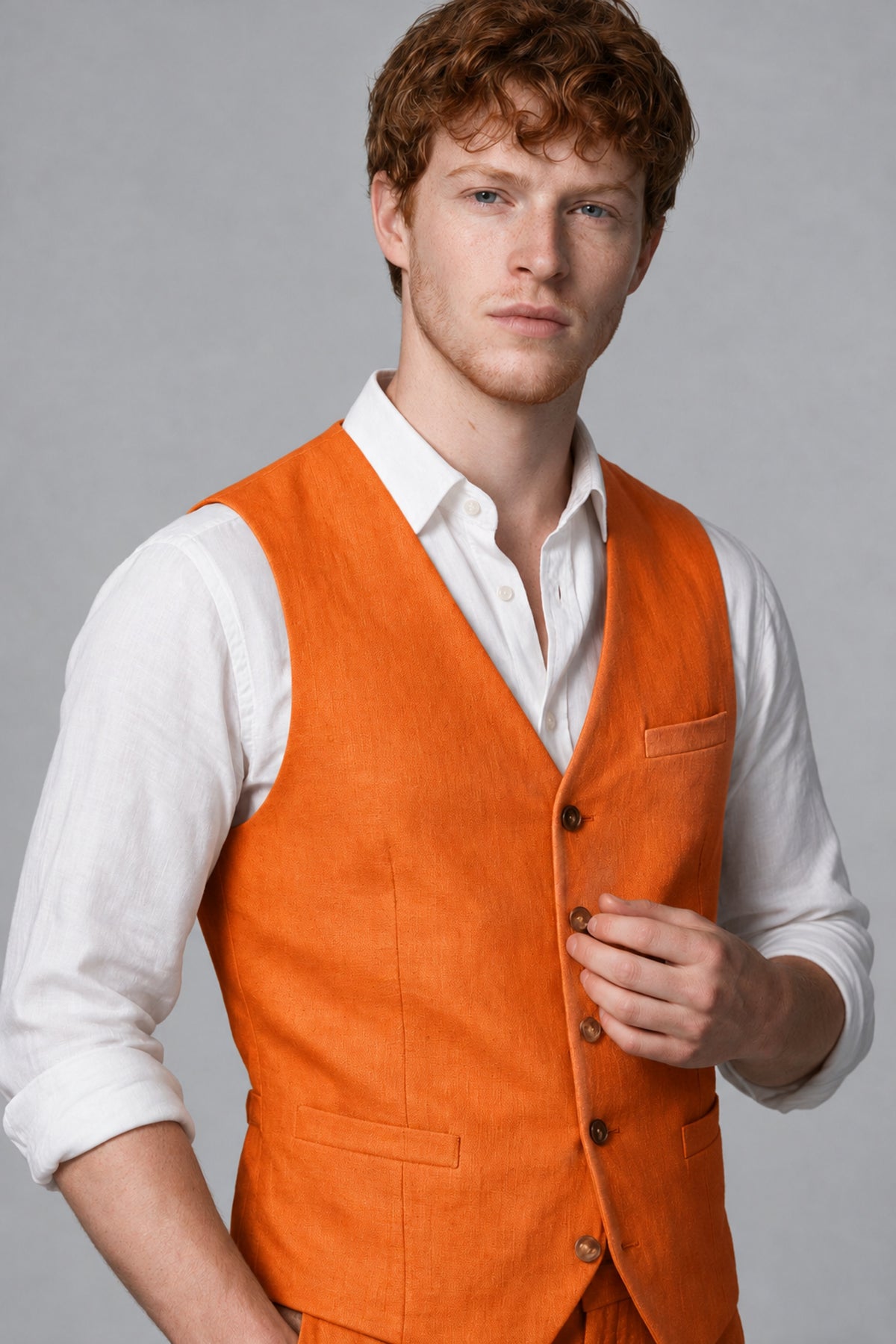 Bolodoo Men's Orange 2-Piece Vest and Pants Set with V-Neck Waistcoat - Orange - Orange_4