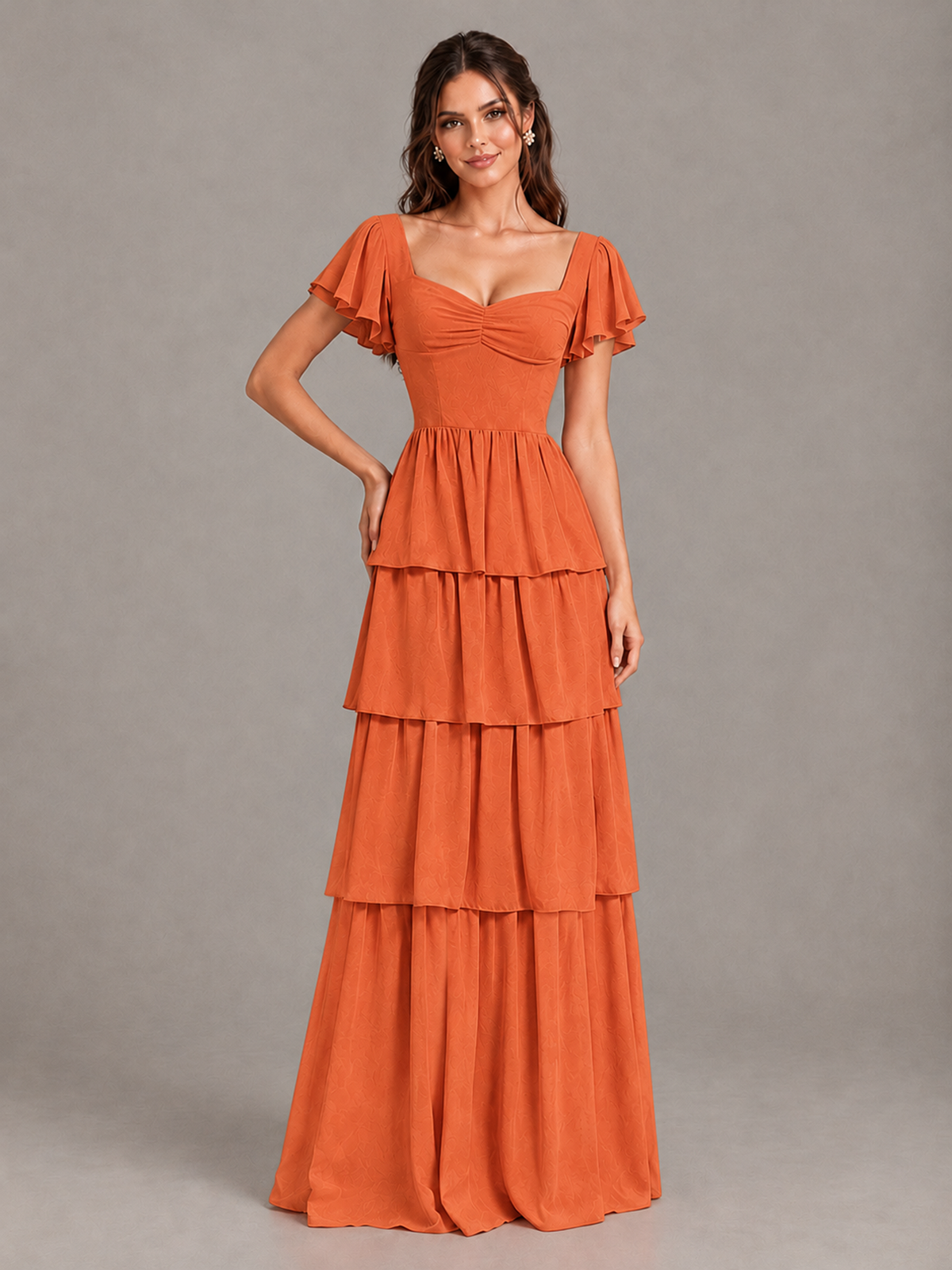 BOLODOO Orange Flutter Sleeve Tiered Maxi Bridesmaid Dress - Orange - Orange_4