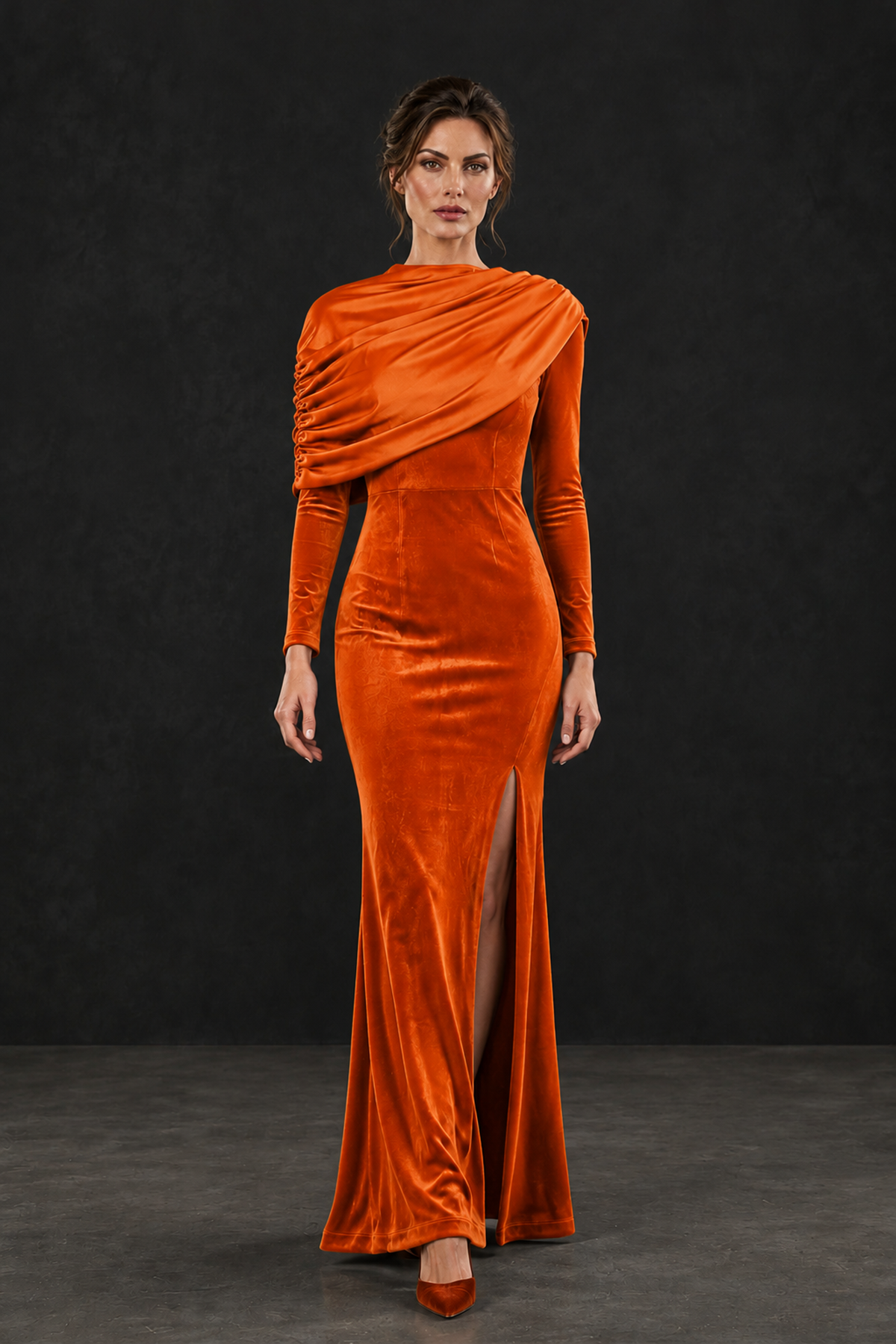 BOLODOO Orange Velvet Long Sleeve Draped Mother of the Bride Dress - Orange - Orange_4