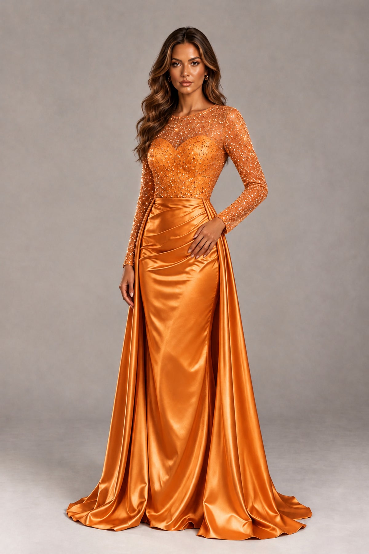 BOLODOO Orange Long Sleeve Embellished Satin Evening Gown with Sweep Train - Orange - Orange_4