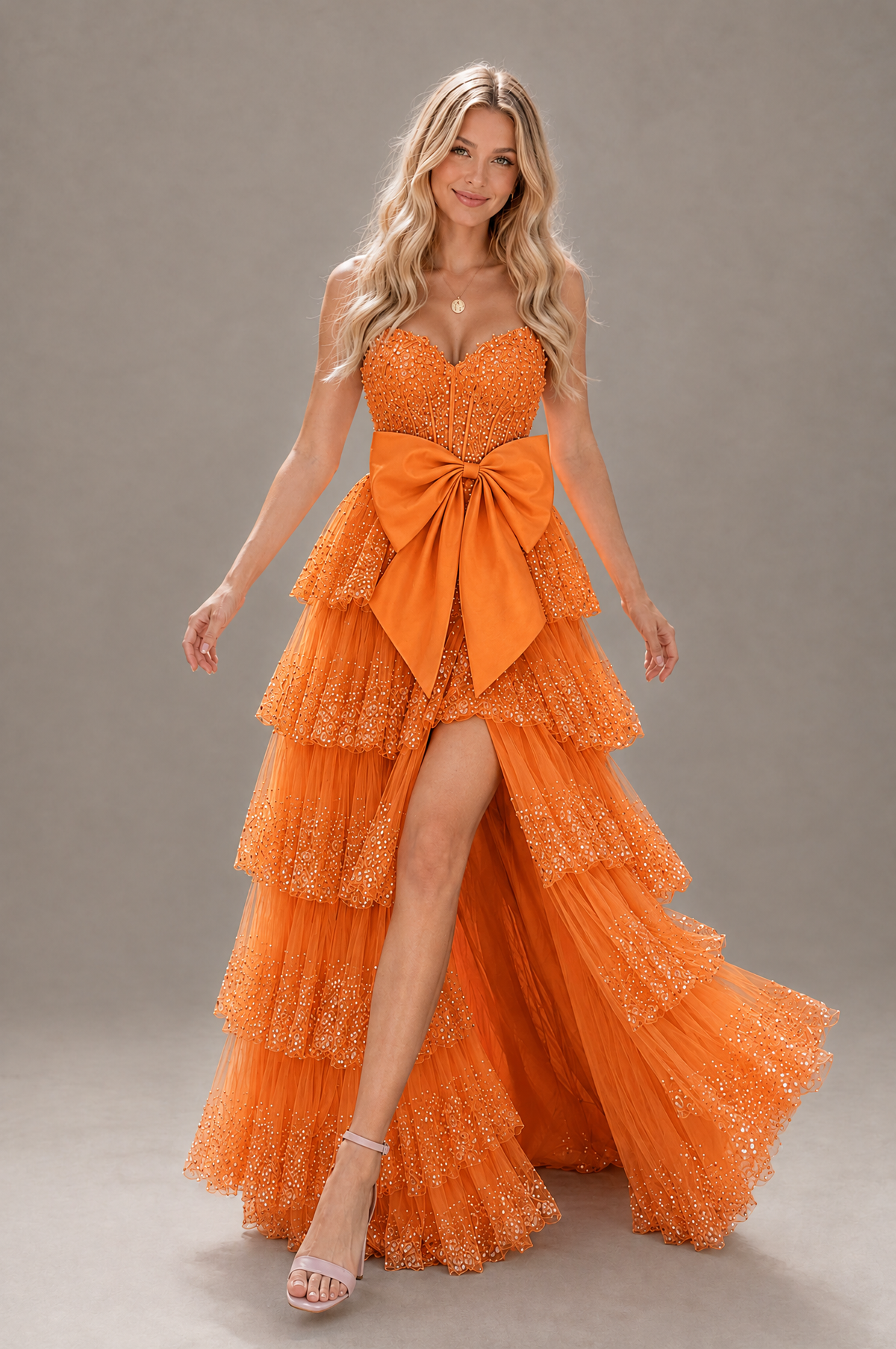 BOLODOO Orange Strapless Tiered Tulle Prom Dress with Bow - Orange - Orange_4