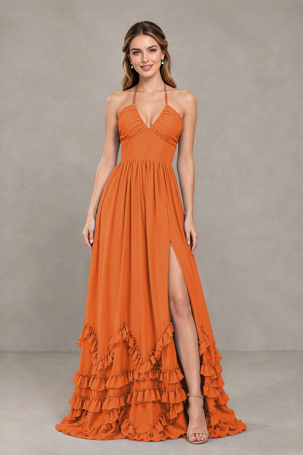 BOLODOO Orange Halter Ruffle Hem A-Line Bridesmaid Dress with High Slit - Orange - Orange(4)