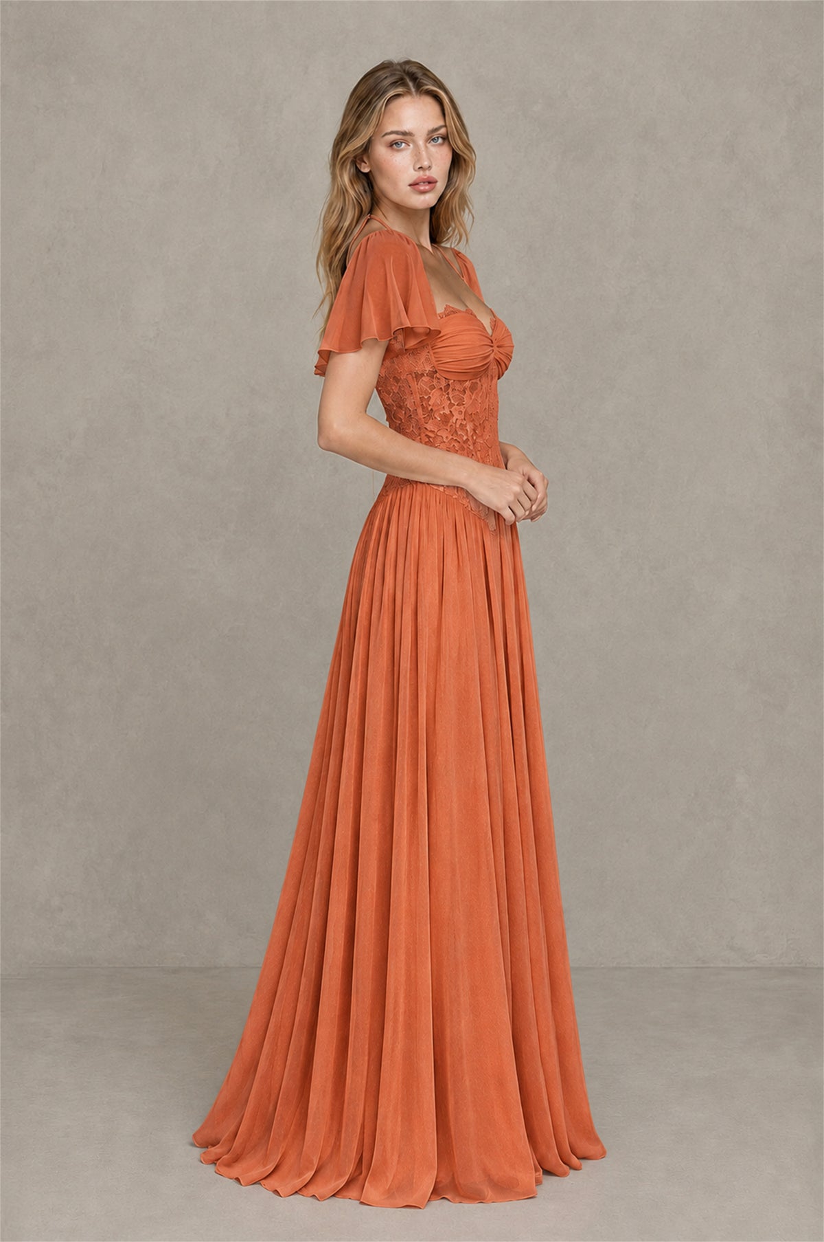 BOLODOO Orange Flutter Sleeve Lace Corset A-Line Maxi Dress - Orange - Orange_4