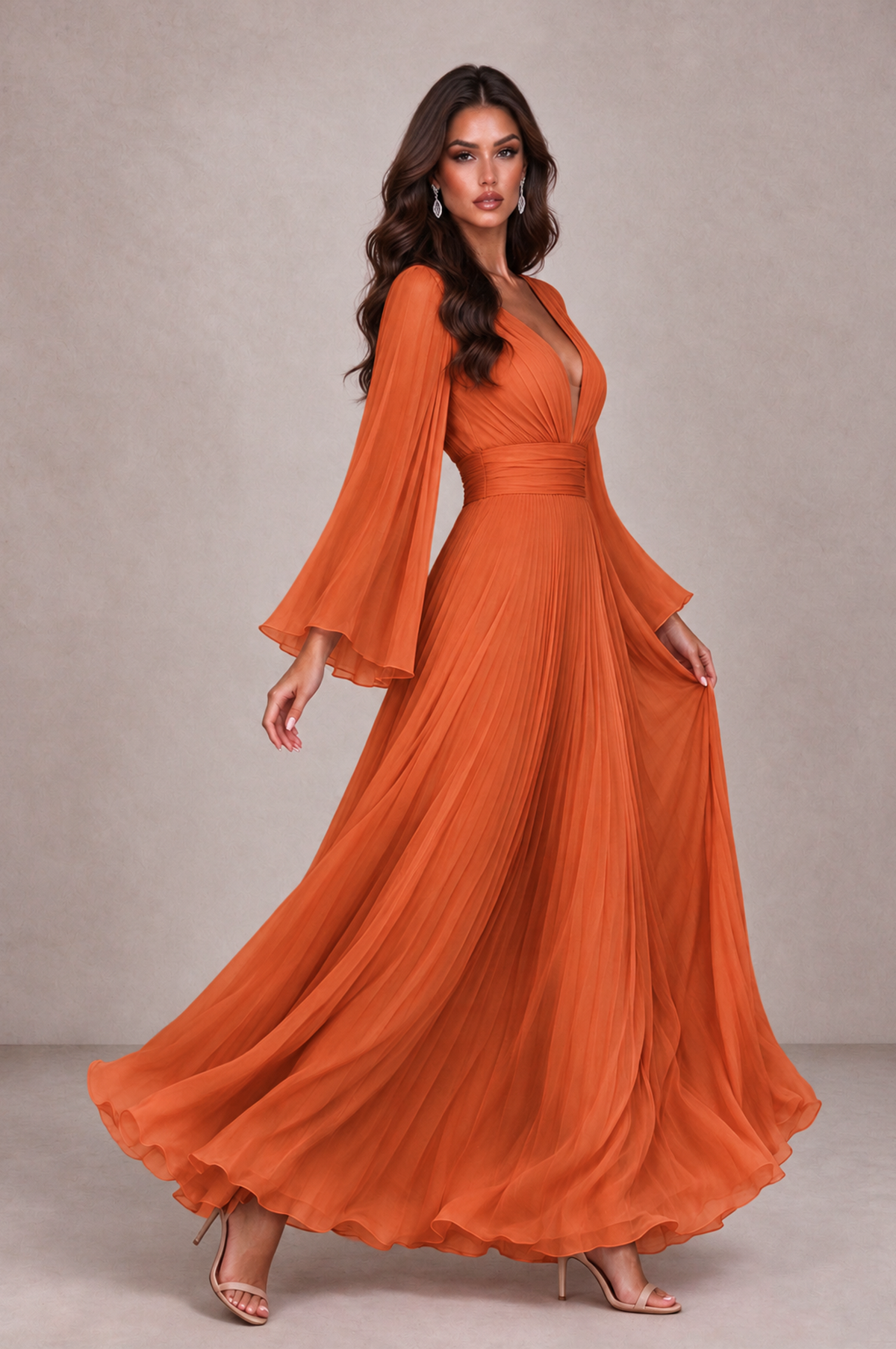BOLODOO Orange Pleated Deep V-Neck Long Bell Sleeve Evening Dress - Orange - Orange_4