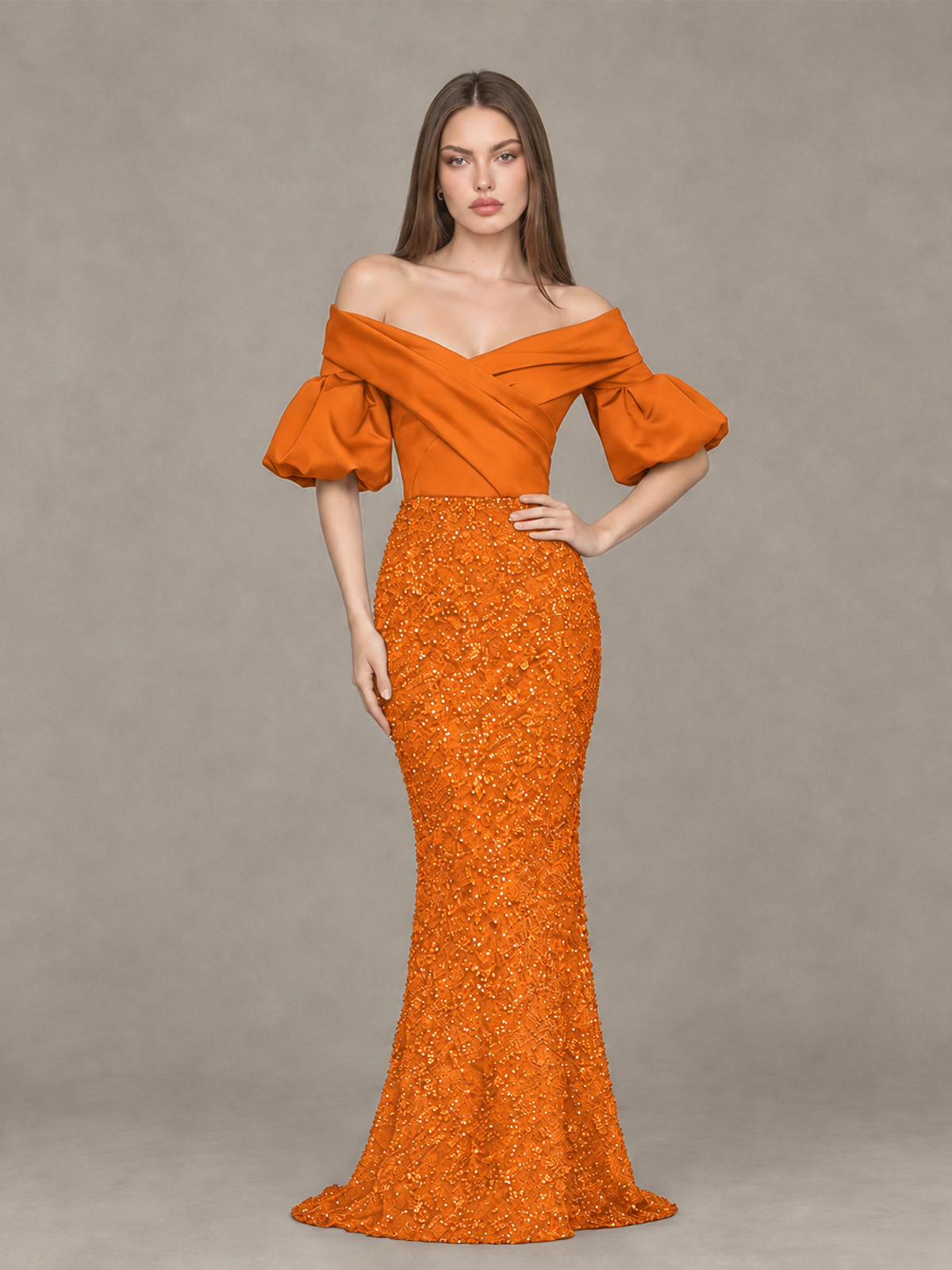 BOLODOO Orange Off-Shoulder Puff Sleeve Sequin Mermaid Evening Dress - Orange - Orange_4