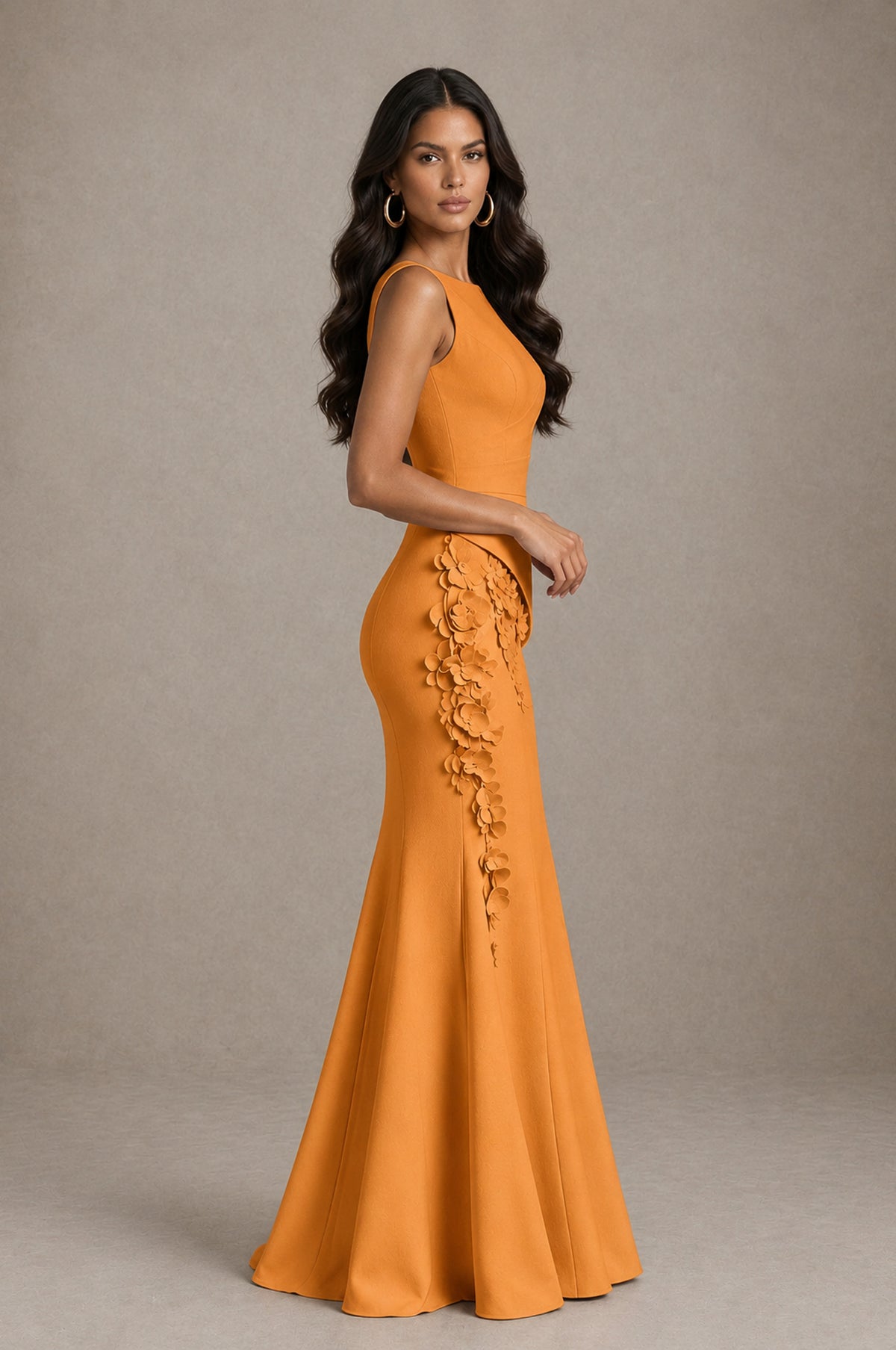 BOLODOO Orange Bateau Neck Sleeveless Asymmetric Peplum 3D Petal Appliqué Mermaid Gown BD0421 - Orange - Orange_4