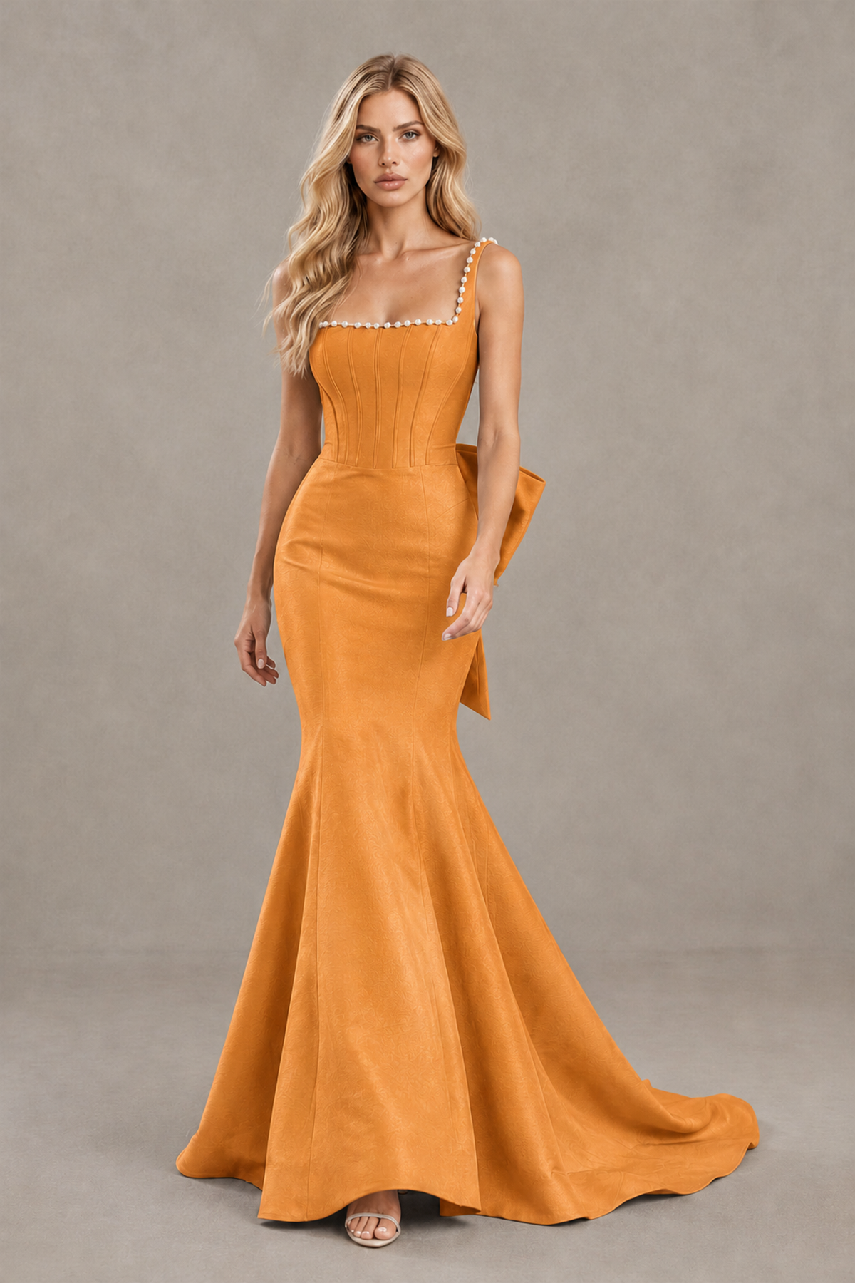 BOLODOO Orange Pearl-Trim Mermaid Prom Dress with Back Bow - Orange - Orange_4