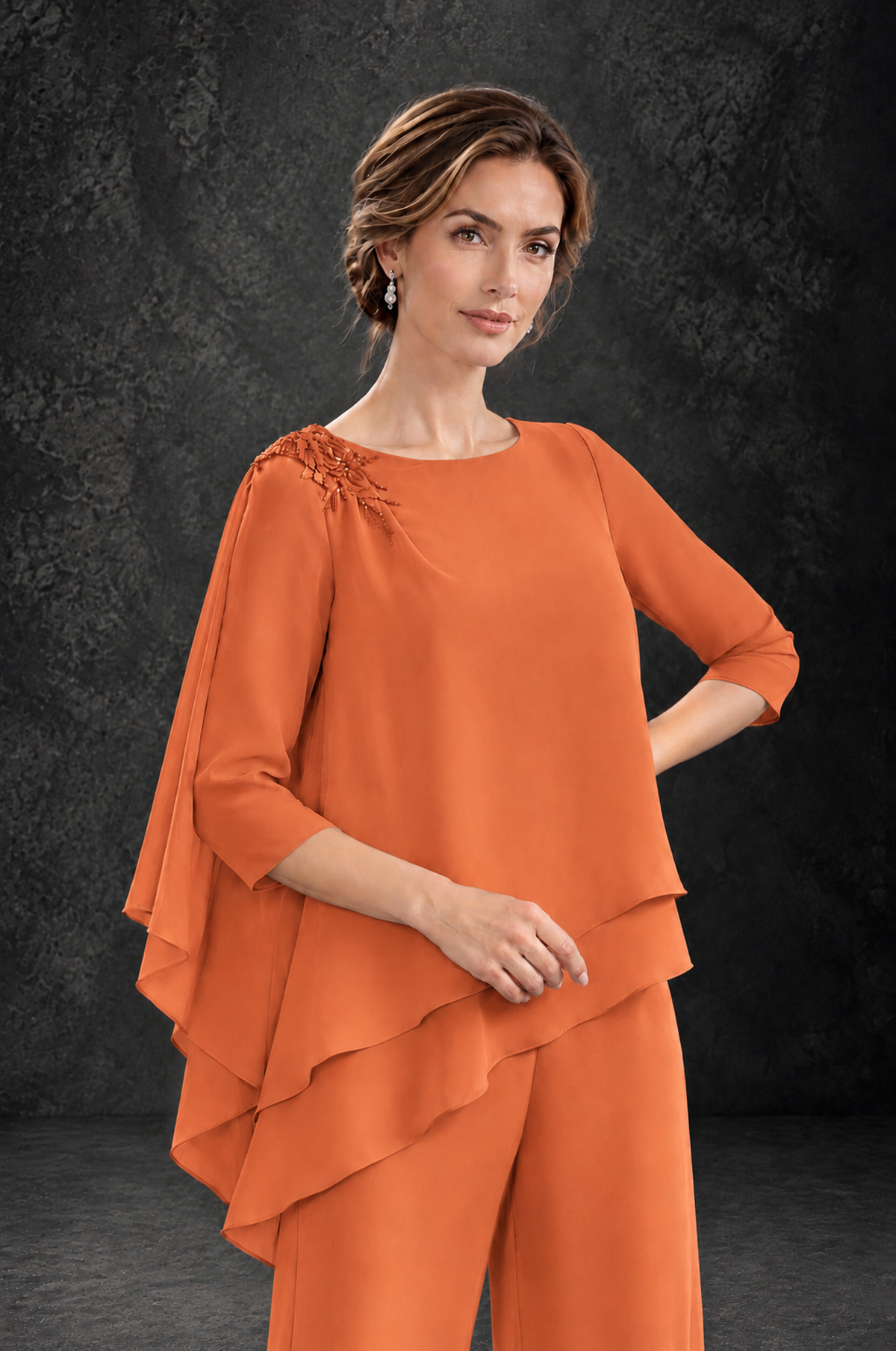 BOLODOO Orange Layered Wide-Leg Mother of the Bride Pant Suit - Orange - Orange_4