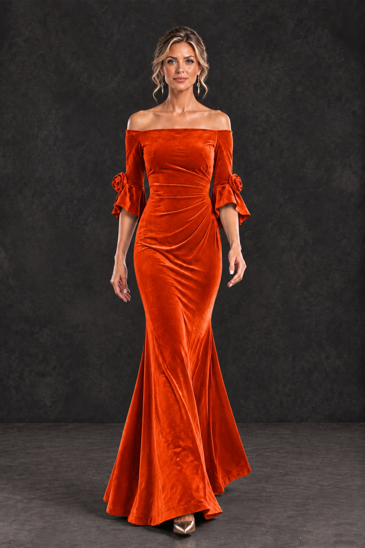 BOLODOO Orange Velvet Off-Shoulder Mother of the Bride Dress – 3/4 Floral Cuff Sleeve Mermaid Evening Gown - Orange - Orange_4