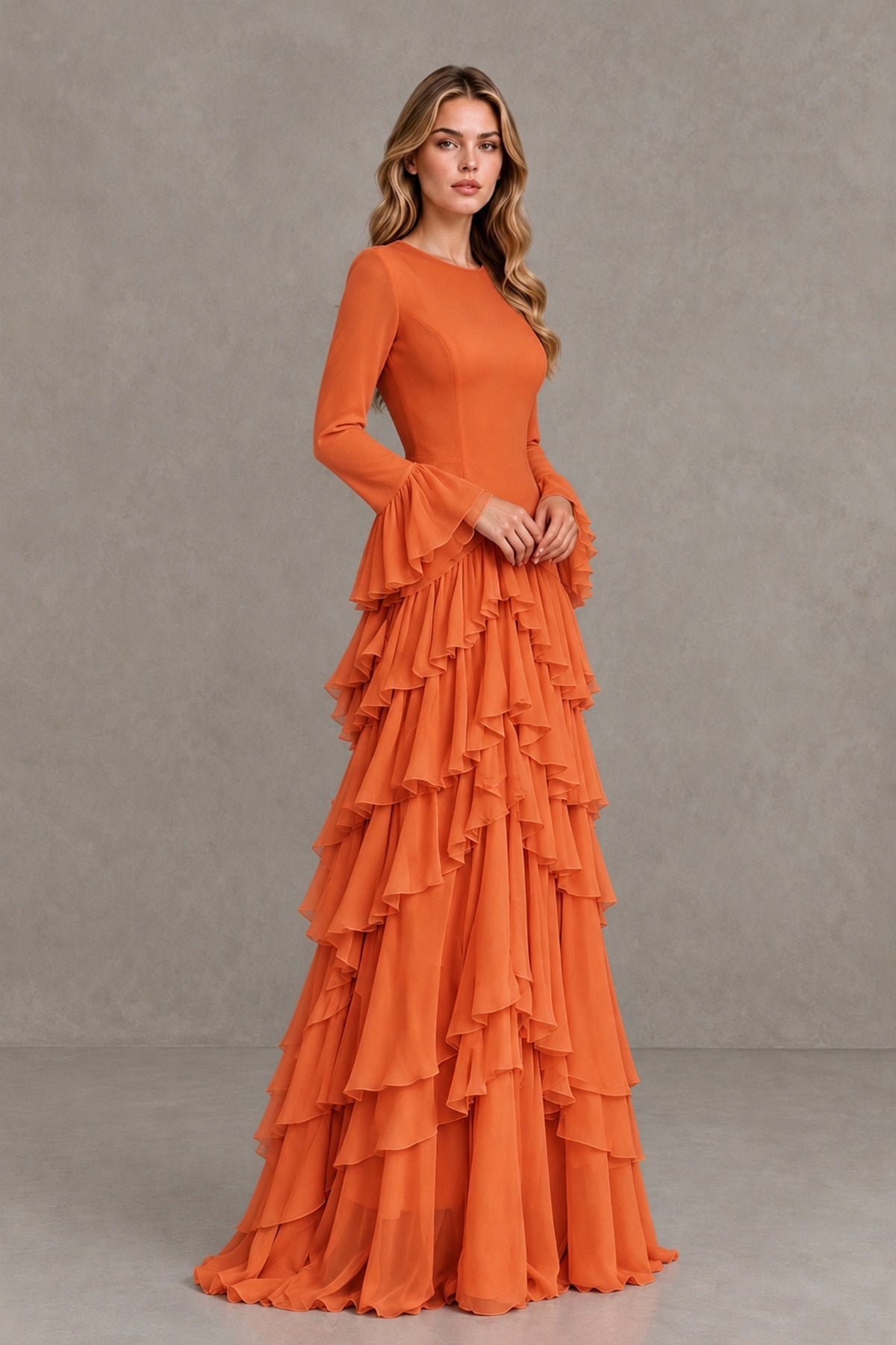 Orange Long Sleeve Tiered Ruffle Evening Gown - Orange - Orange_4