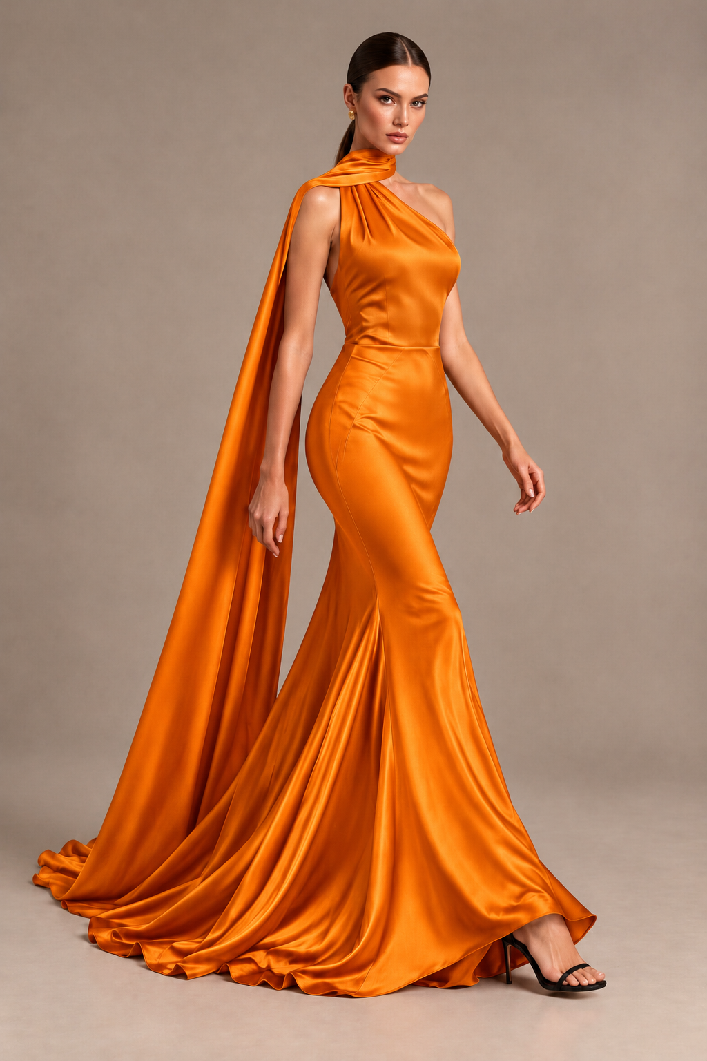 BOLODOO Orange One-Shoulder Satin Mermaid Evening Dress with Scarf - Orange - Orange_4