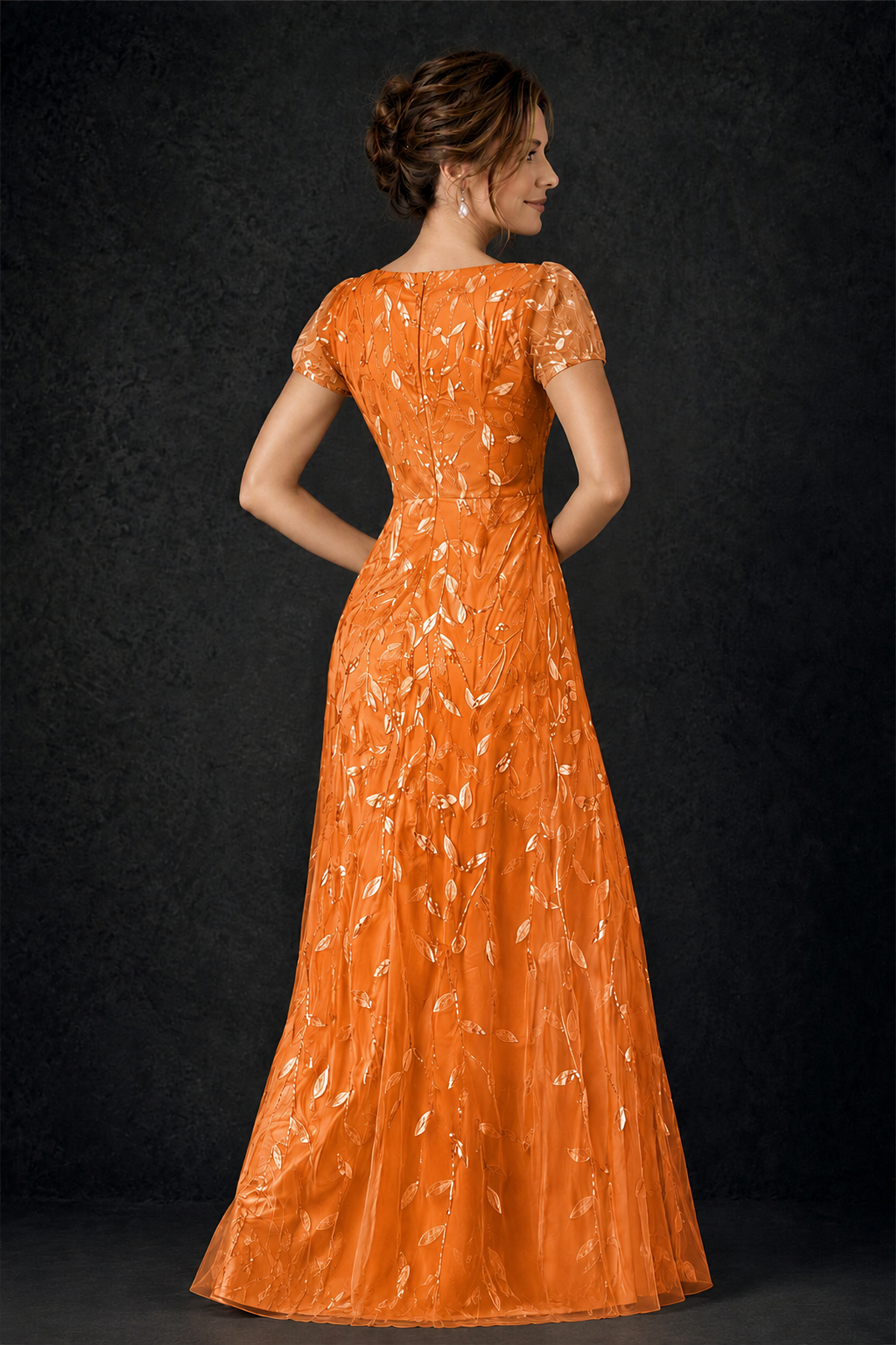 BOLODOO Orange Leaf Embroidered A-Line Formal Gown with Cap Sleeves - Orange - Orange_4