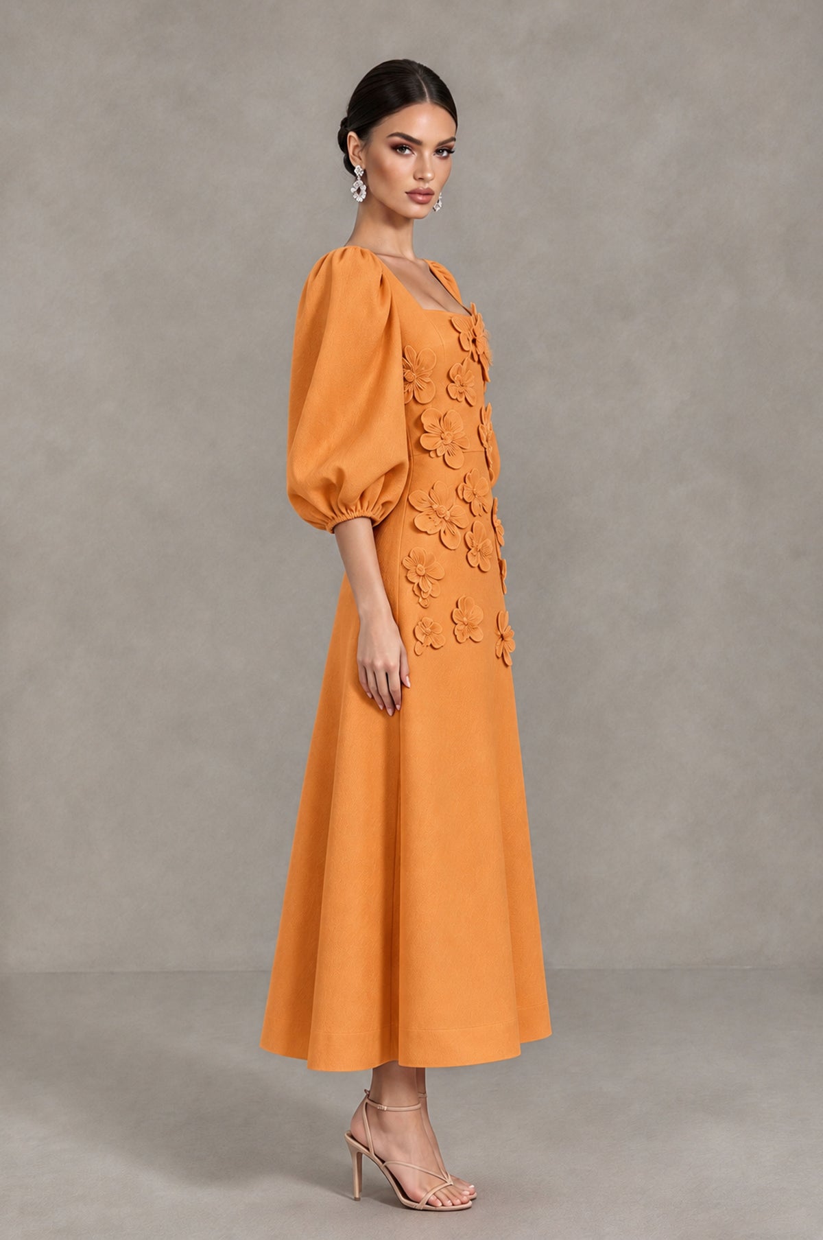 BOLODOO Orange 3D Floral Puff Sleeve Midi Cocktail Dress - Orange - Orange_4