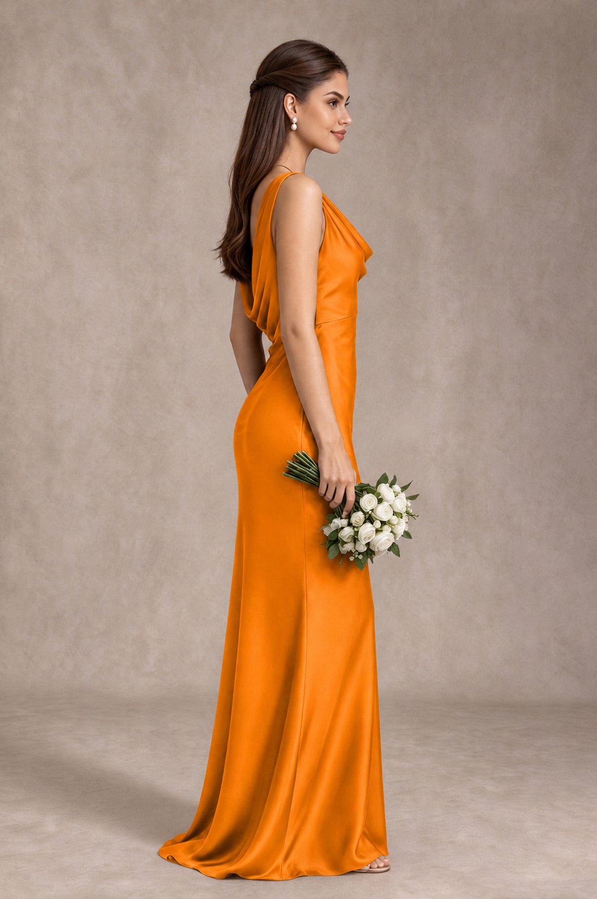 BOLODOO Orange Cowl Neck Open Back Satin Bridesmaid Dress - Orange - Orange_4