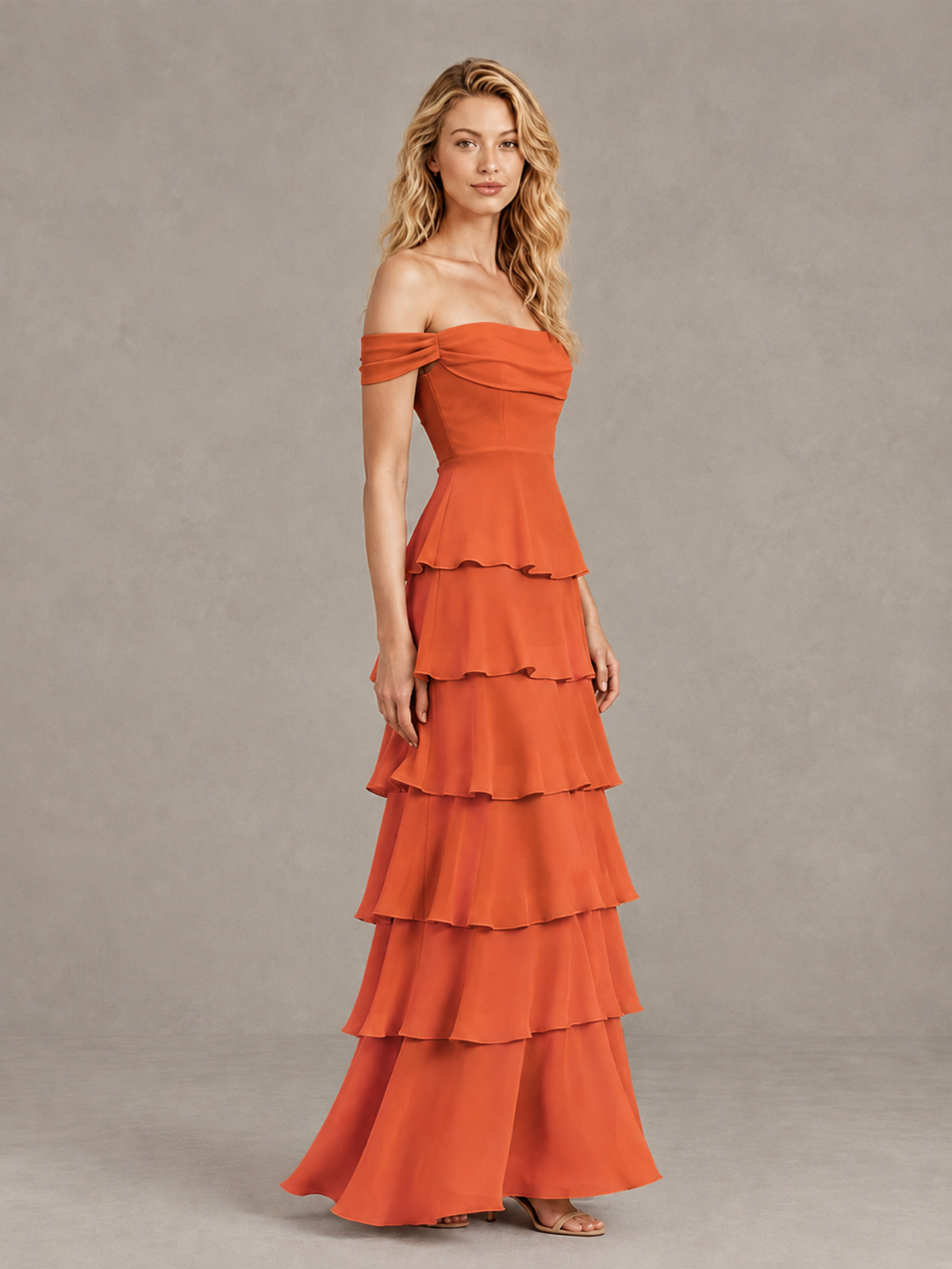 BOLODOO Orange Off-Shoulder Tiered Ruffle Bridesmaid Dress with Lace-Up Back - Orange - Orange_4
