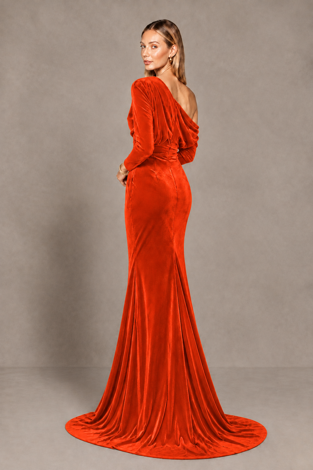 BOLODOO Orange Velvet Asymmetric Neck Mermaid Evening Dress - Orange - Orange_4