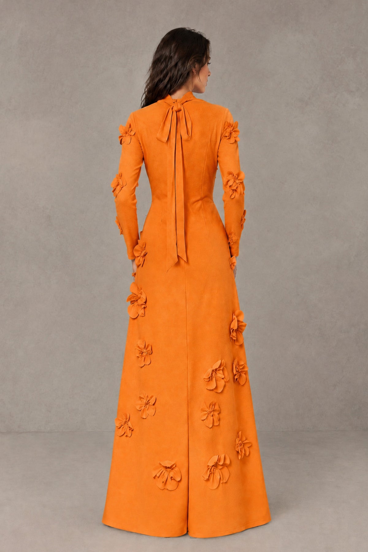 BOLODOO Orange High Neck Long Sleeve 3D Floral Evening Gown - Orange