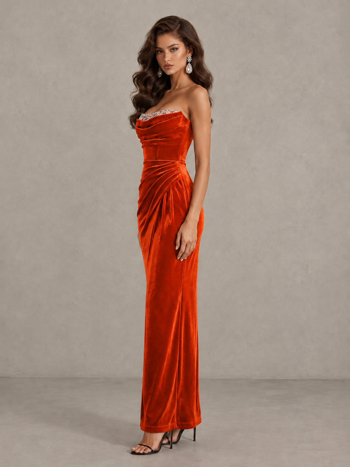 BOLODOO Orange Strapless Velvet Cocktail Maxi Dress - Orange - Orange_4