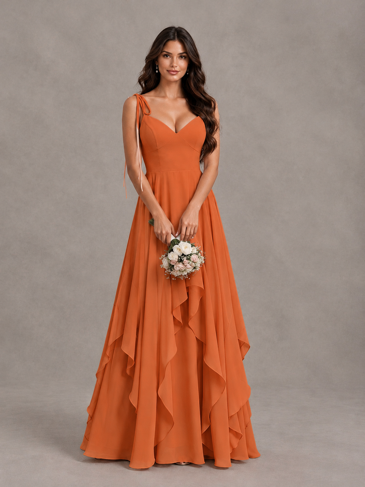 BOLODOO Orange Tie-Strap Ruffle A-Line Bridesmaid Dress - Orange - Orange_4