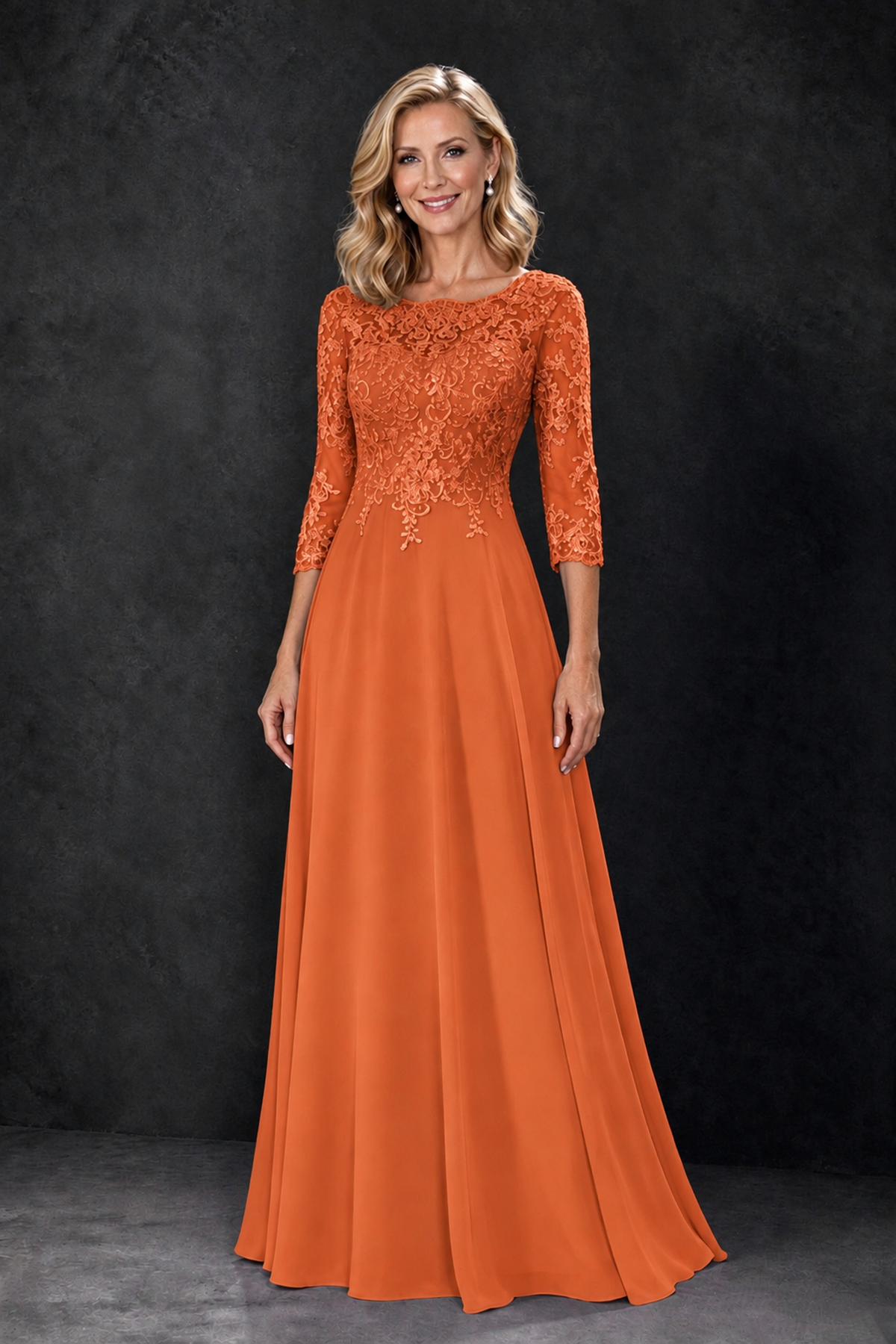BOLODOO Orange Lace Embroidered Mother of the Bride Dress with 3/4 Sleeves - Orange - Orange_4