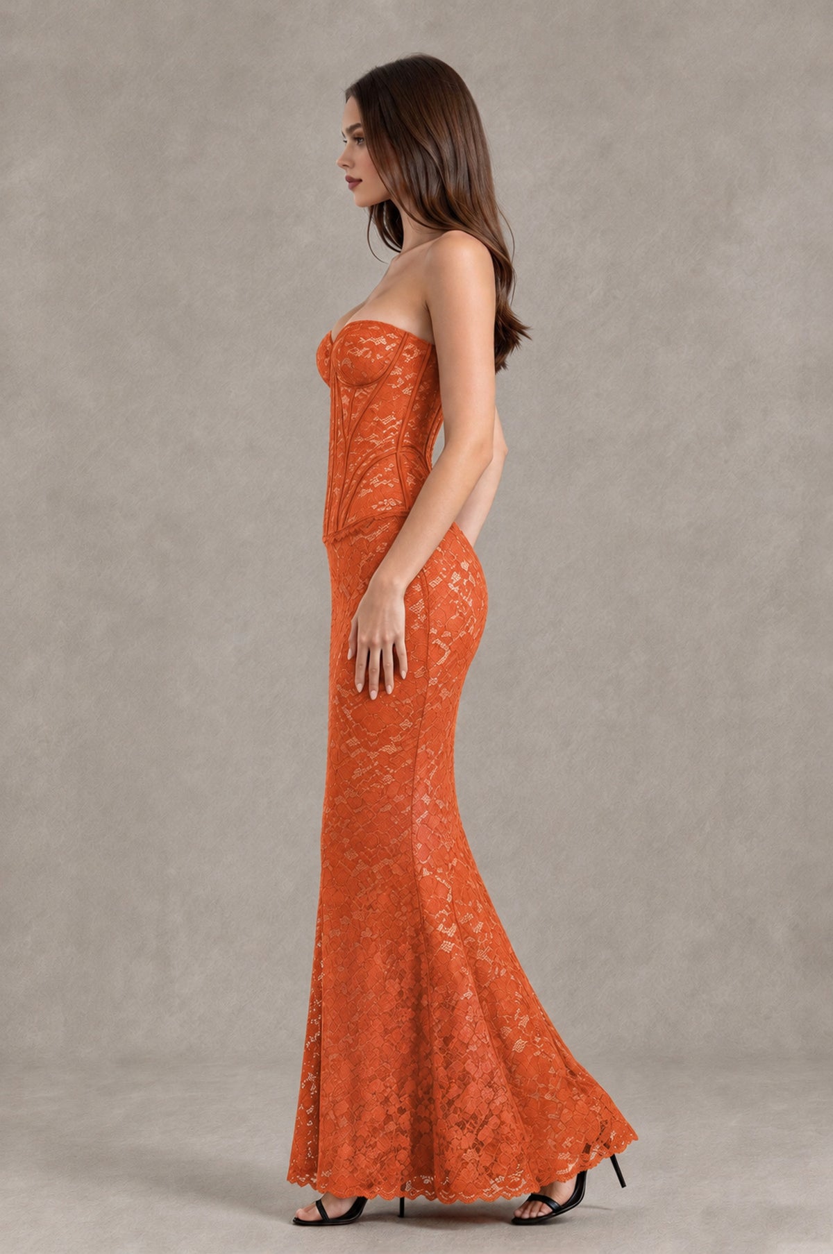 BOLODOO Orange Strapless Lace Corset Wedding Guest Dress - Orange - Orange_4