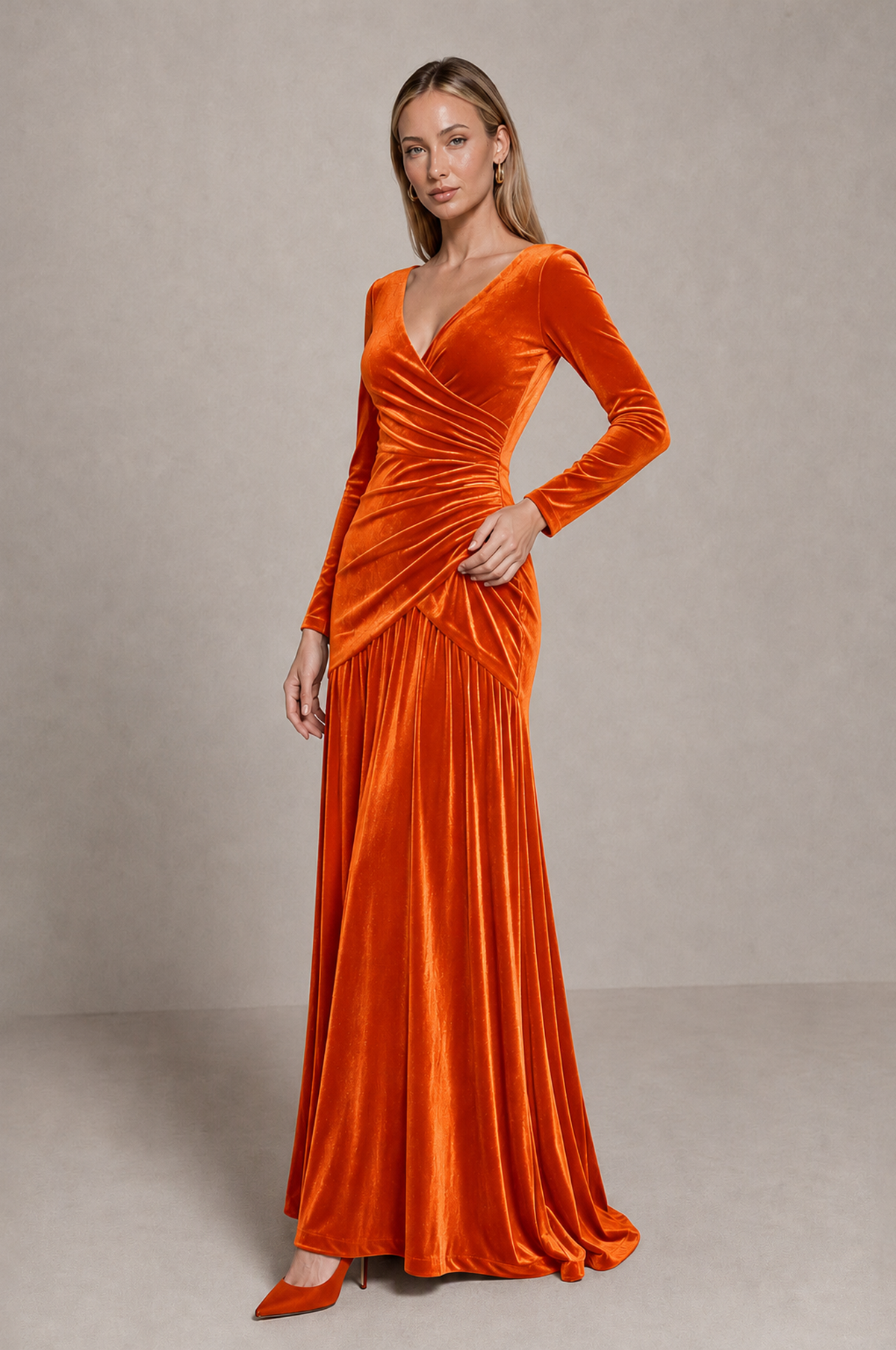 BOLODOO Orange Velvet Long Sleeve V-Neck Ruched Evening Dress - Orange - Orange_4