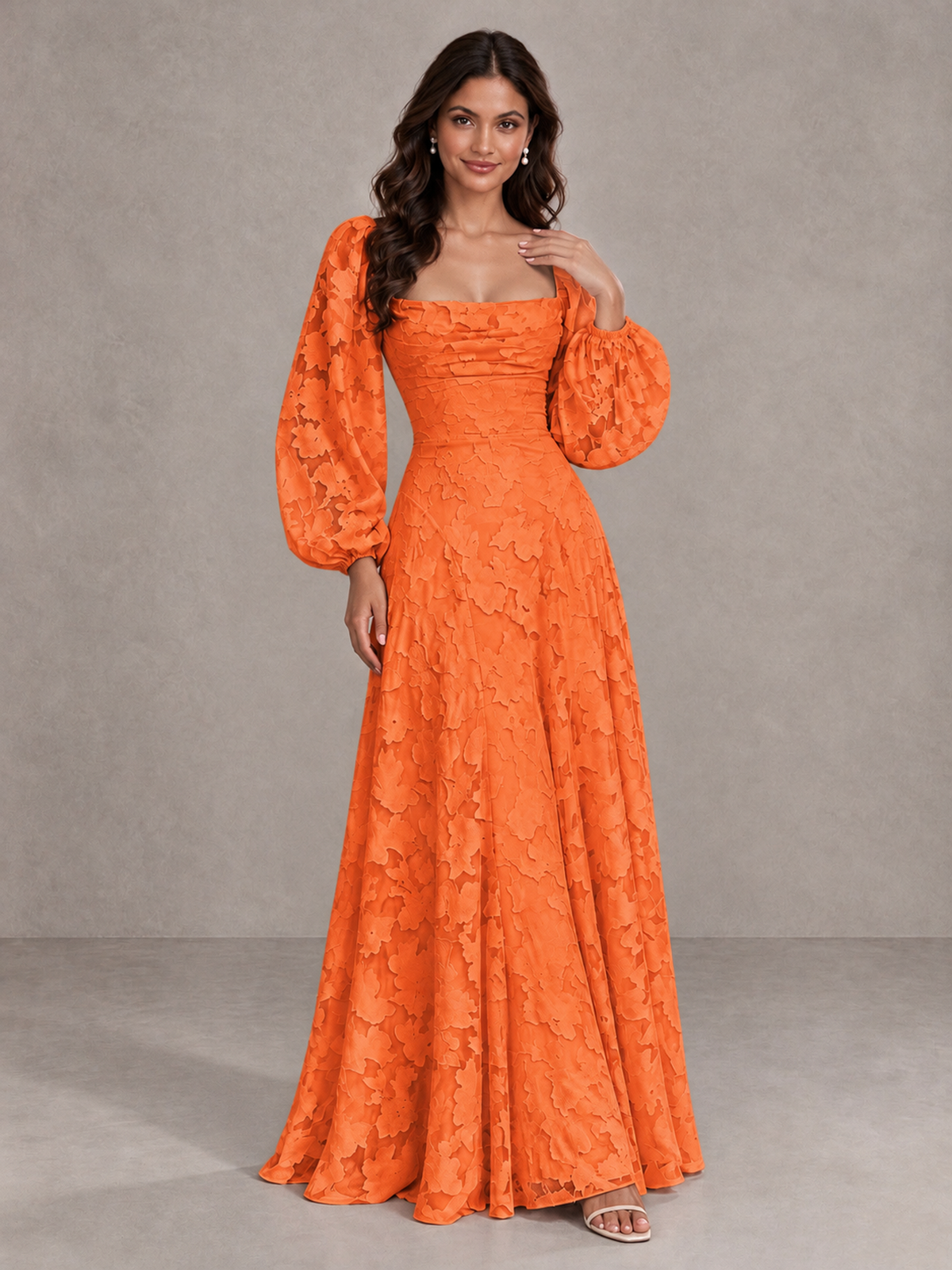 BOLODOO Orange Floral Long Sleeve A-Line Bridesmaid Dress - Orange - Orange_4