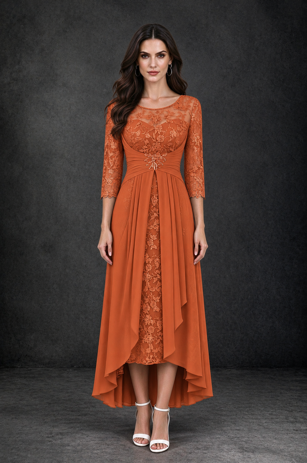 BOLODOO Orange Sequin Lace & Chiffon Tea-Length Mother of the Bride Dress with 3/4 Sleeves - Orange - Orange_4