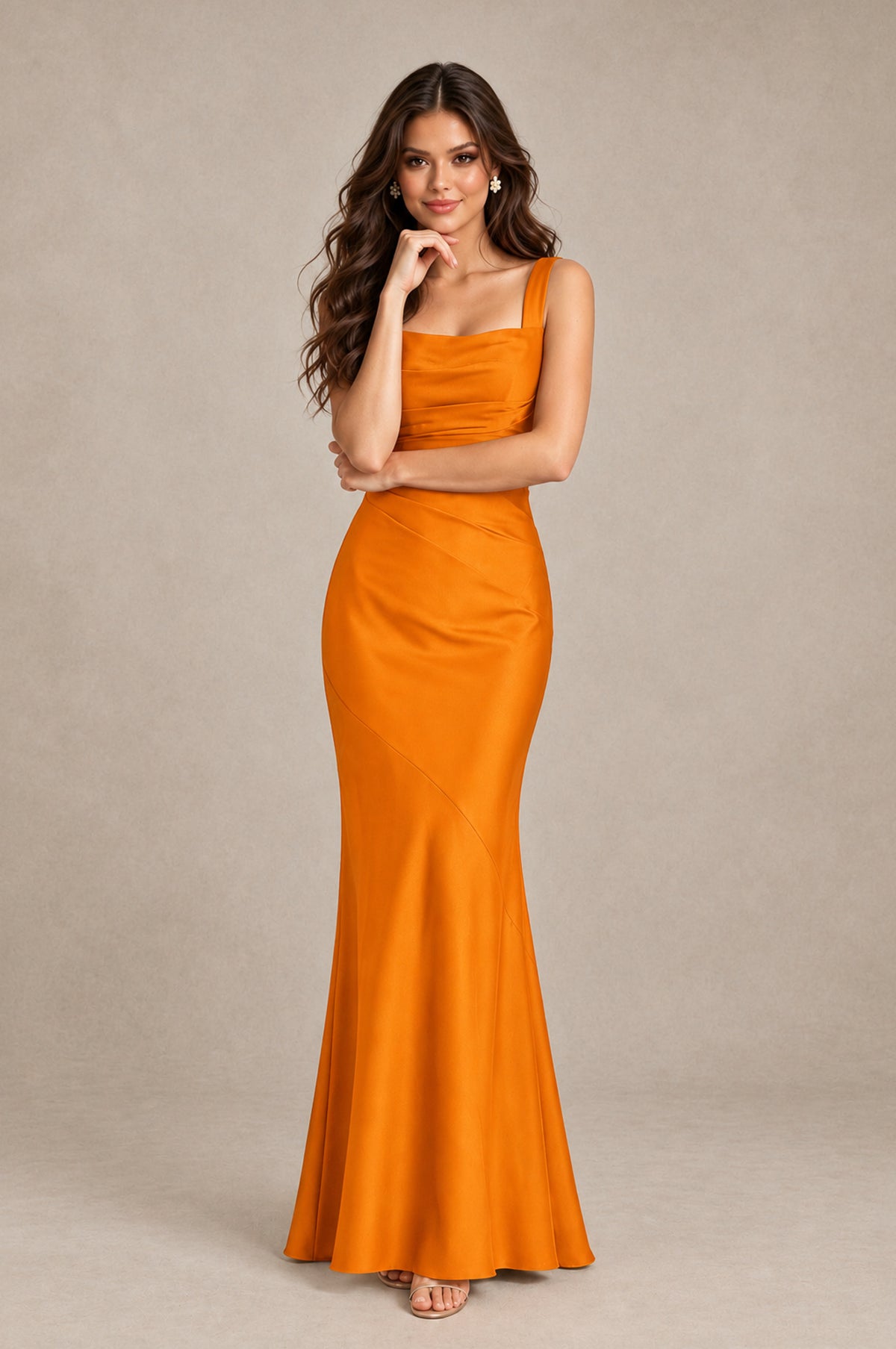 BOLODOO Orange Square Neck Ruched Satin Lace-Up Bridesmaid Dress - Orange - Orange_4