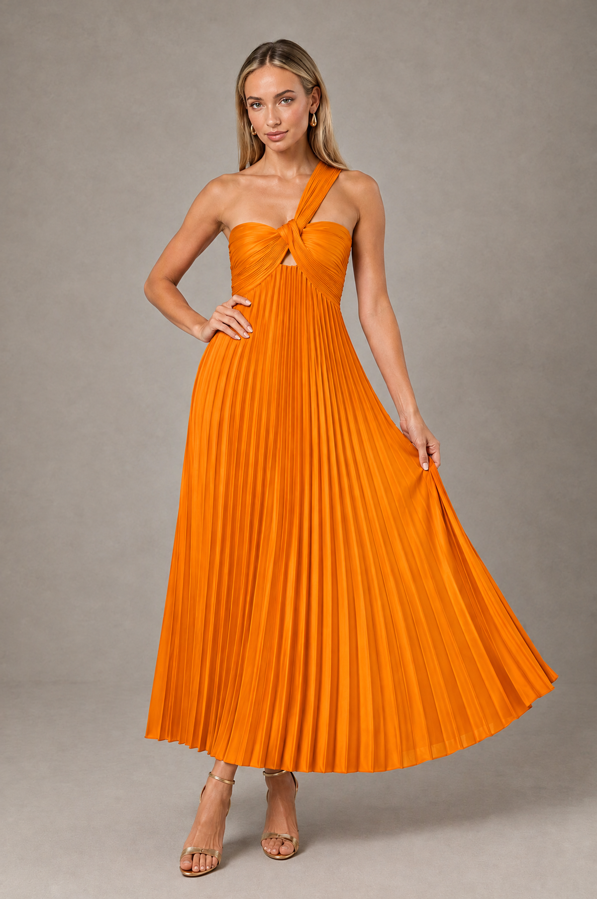 BOLODOO Orange One-Shoulder Twist Knot Pleated Satin Midi Dress with Cutout - Orange - Orange_4