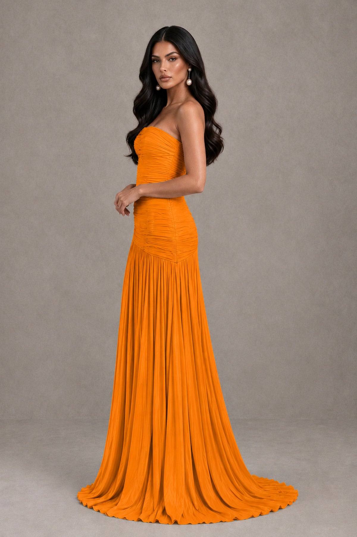 BOLODOO Orange Metallic Ruched Strapless Pleated A-Line Backless Maxi Dress with Train - Orange - Orange_4