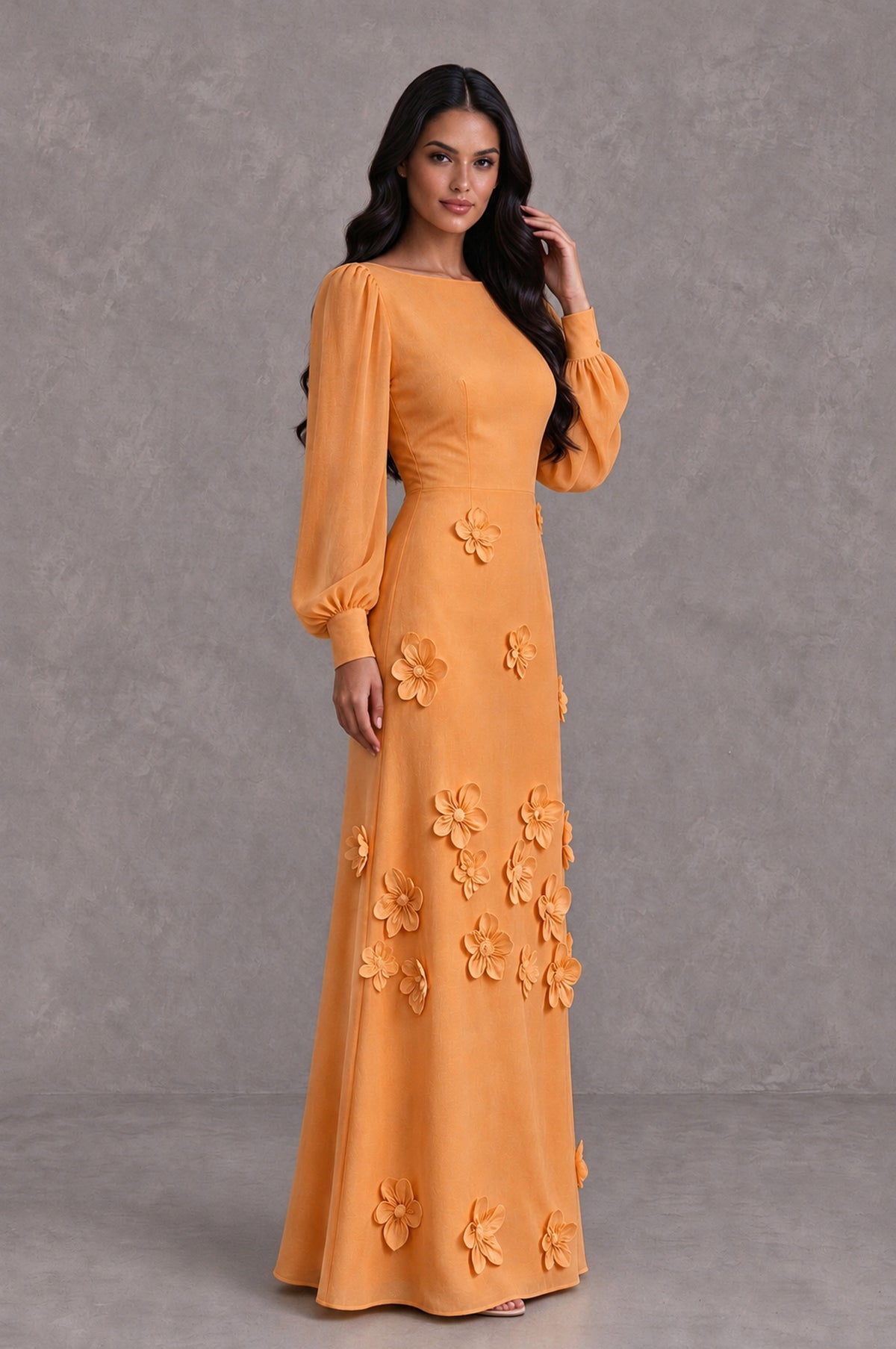 BOLODOO Orange Long Sleeve Floral Applique A-Line Evening Dress - Orange - Orange_4