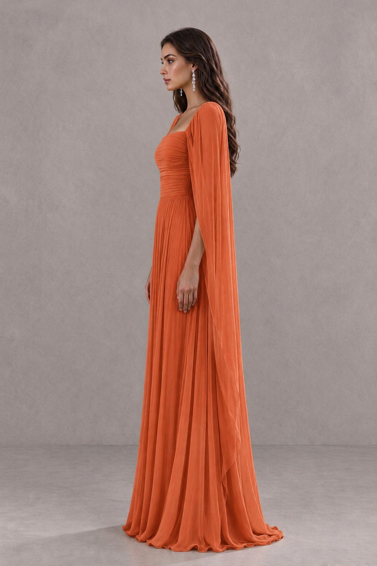 BOLODOO Orange Square Neck Cape Sleeve A-Line Evening Dress - Orange - Orange_4