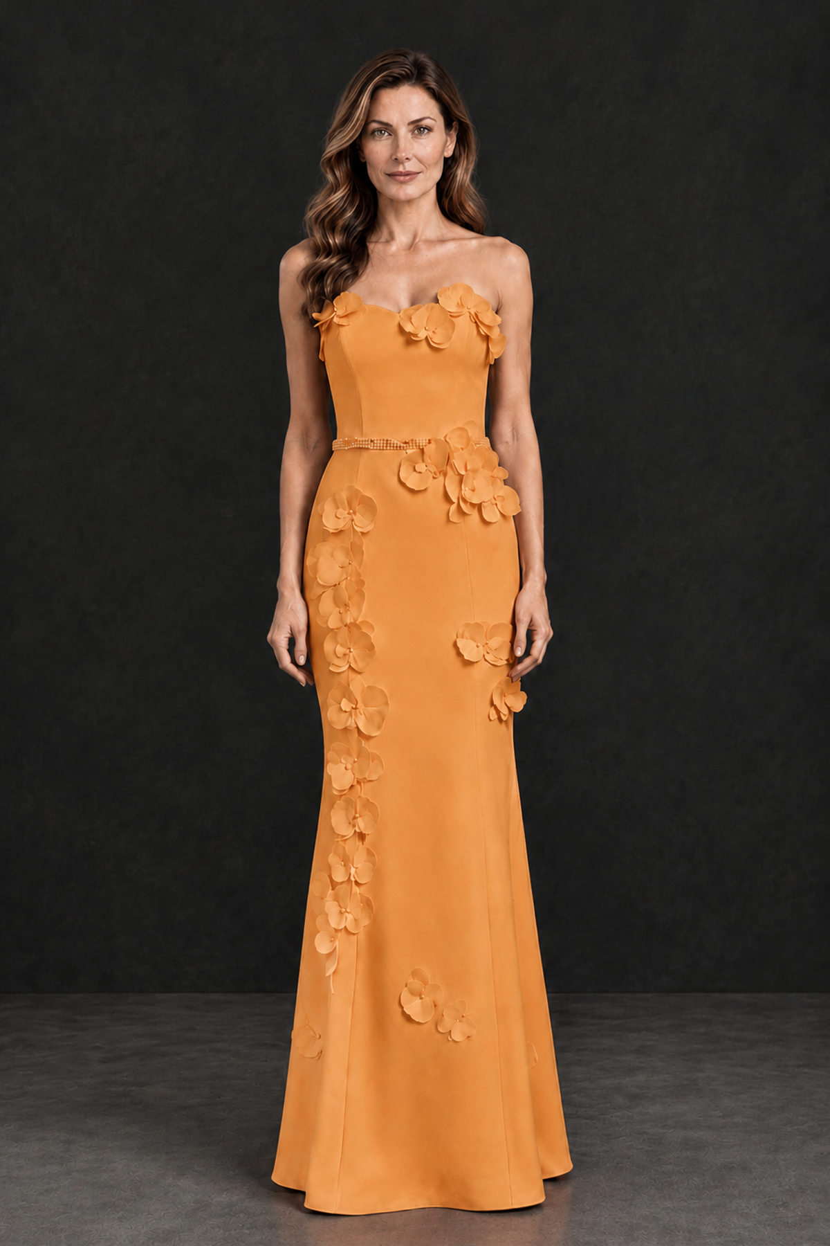 BOLODOO Orange Strapless Mother of the Bride Dress with 3D Floral Appliques - Orange - Orange_4