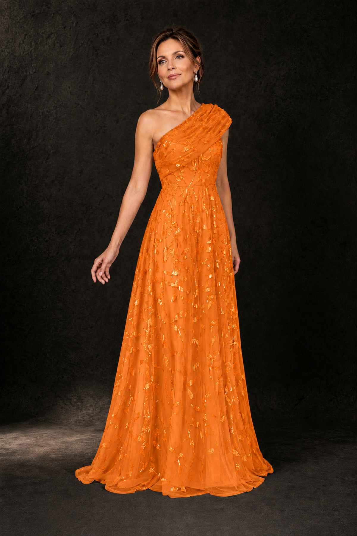 BOLODOO Orange Leaf Sequin One-Shoulder A-Line Maxi Gown – Mother of the Bride & Formal Evening Dress - Orange - Orange_4